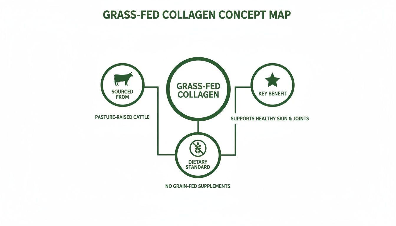 A concept map outlining grass-fed collagen, its sourcing, key benefits, and dietary standards.