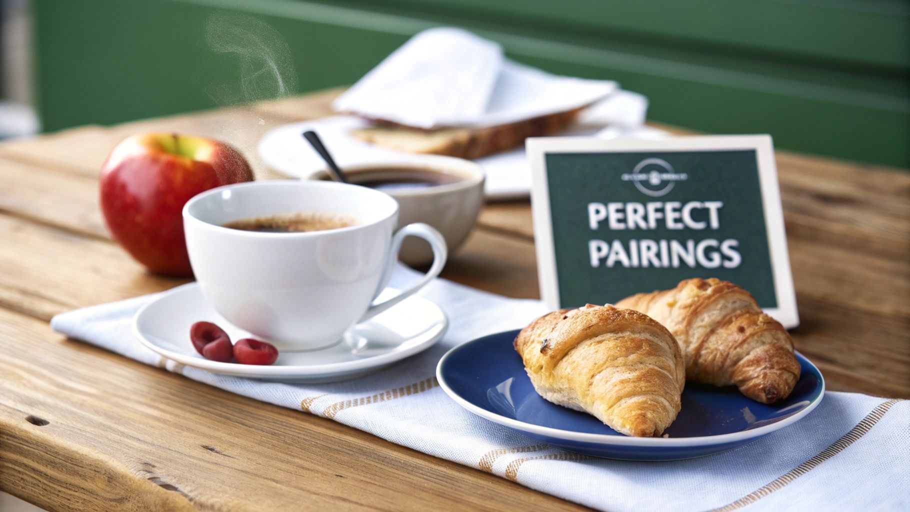 A delicious outdoor breakfast featuring hot coffee, flaky croissants, and a fresh red apple.