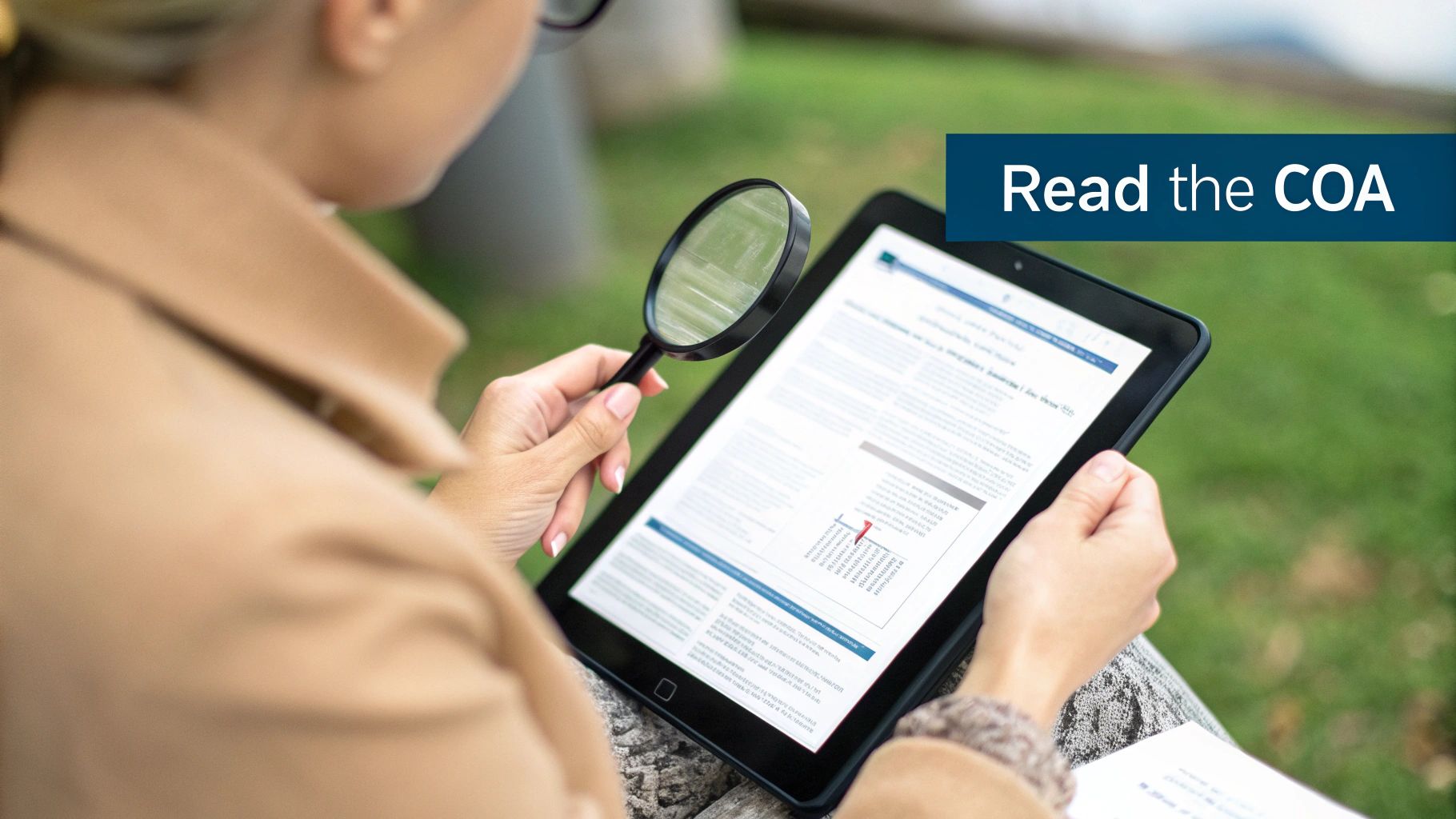 A person uses a magnifying glass to carefully read a document on a tablet, focusing on the COA.