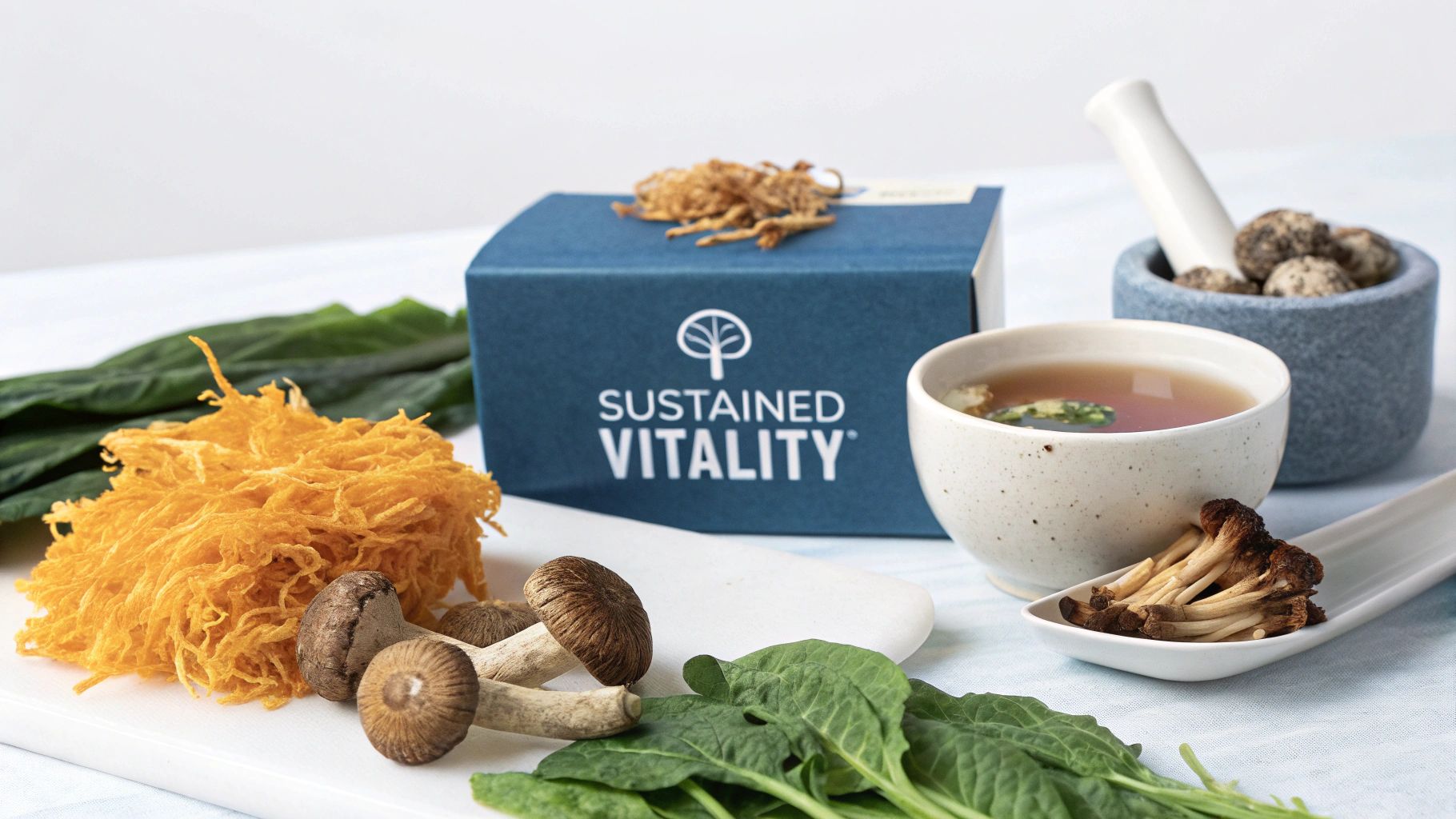 A blue 'Sustained Vitality' box surrounded by various mushrooms, green leaves, and a warm bowl of tea.