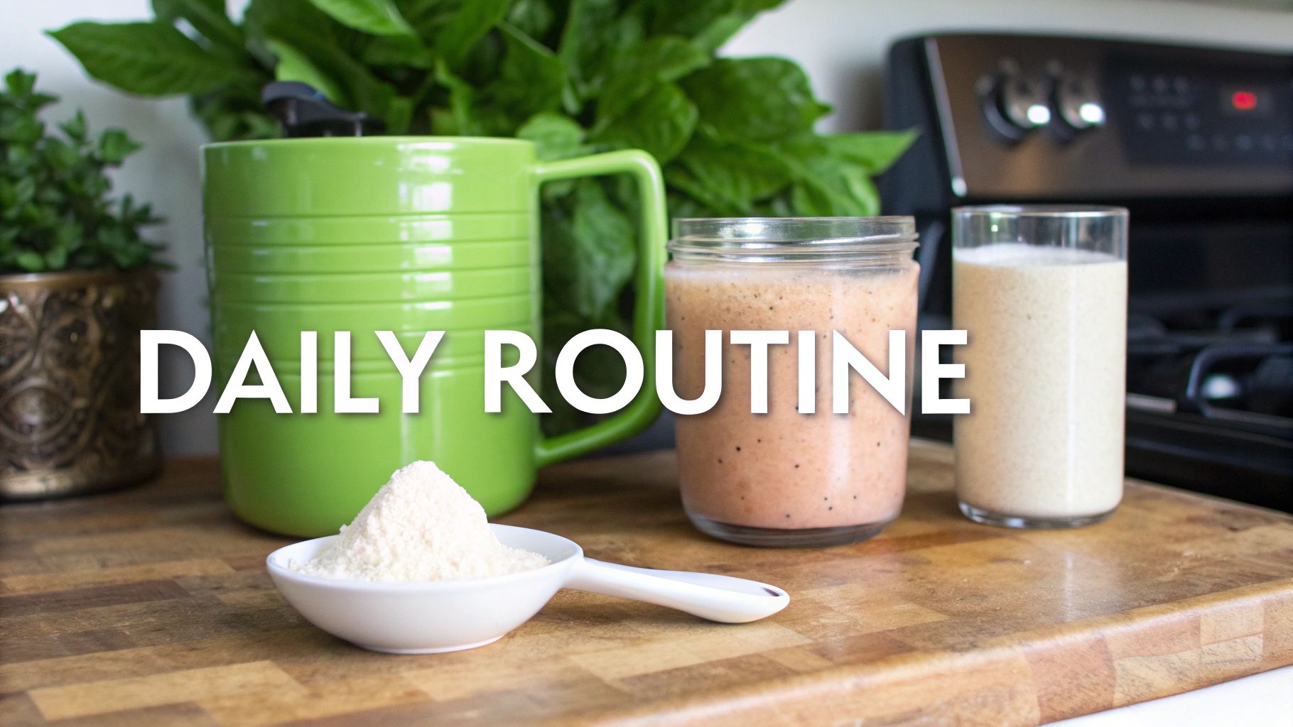 A bottle of grass-fed collagen next to fresh, green ingredients like avocado and spinach.