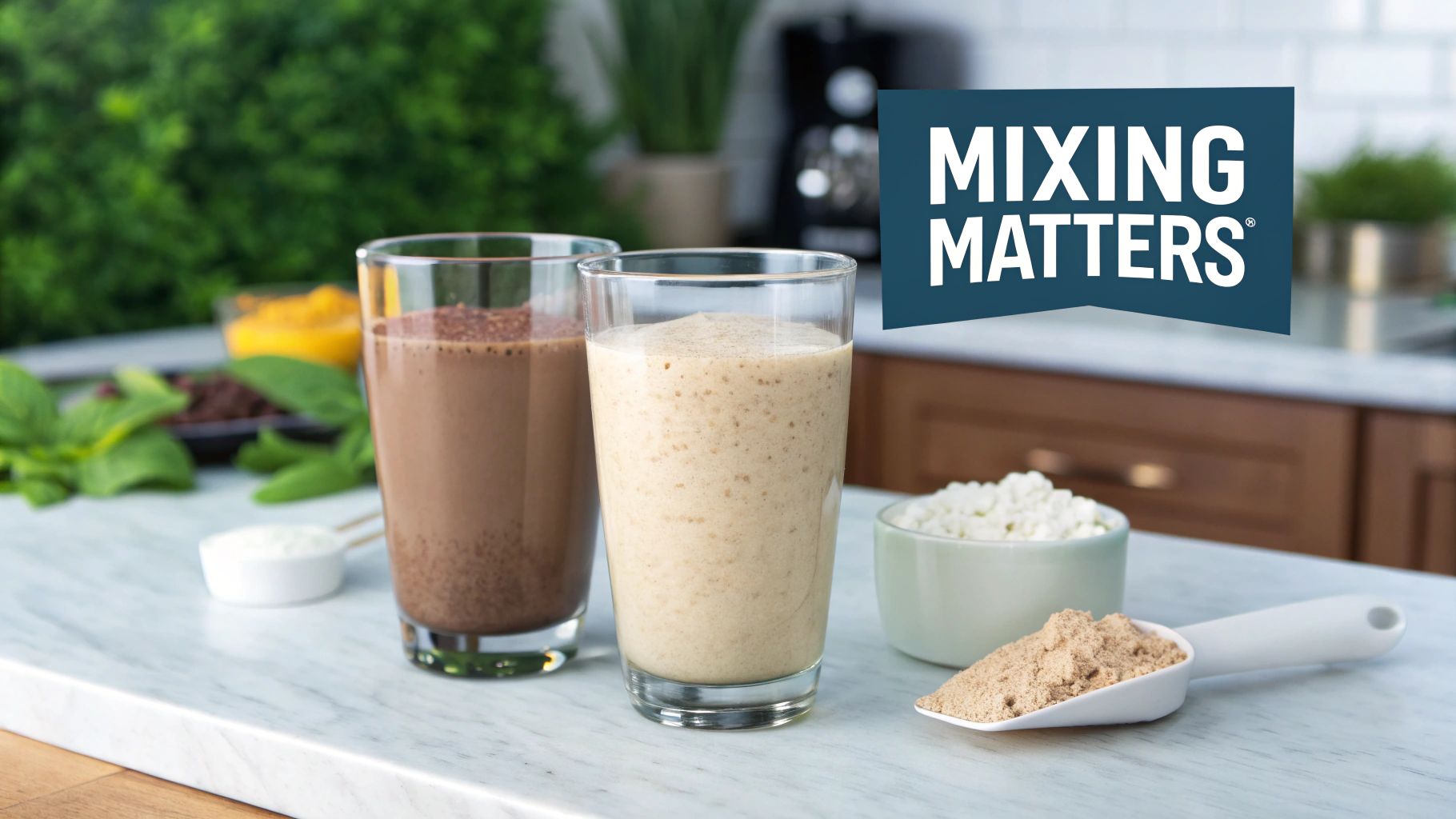 Two protein shakes on a marble counter with ingredients like protein powder, spinach, and cottage cheese.