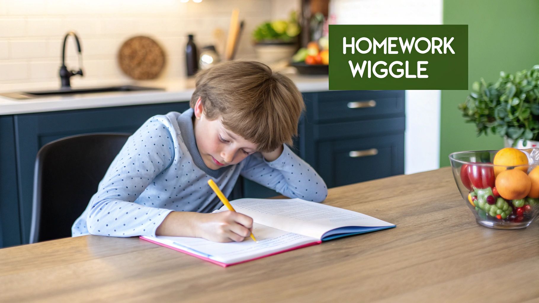 A young boy with brown hair diligently writes in a notebook with a yellow pen on a kitchen table.