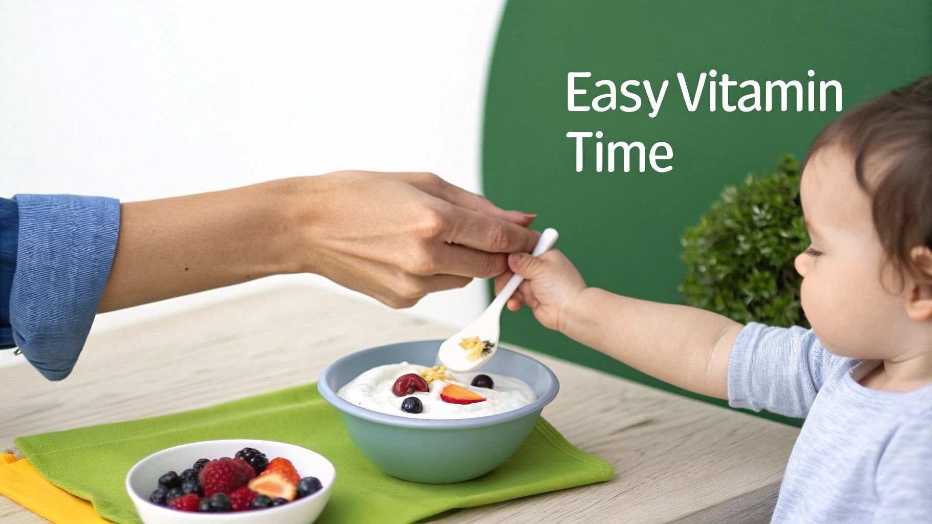 A parent gently giving a toddler a liquid vitamin from a dropper into their mouth.