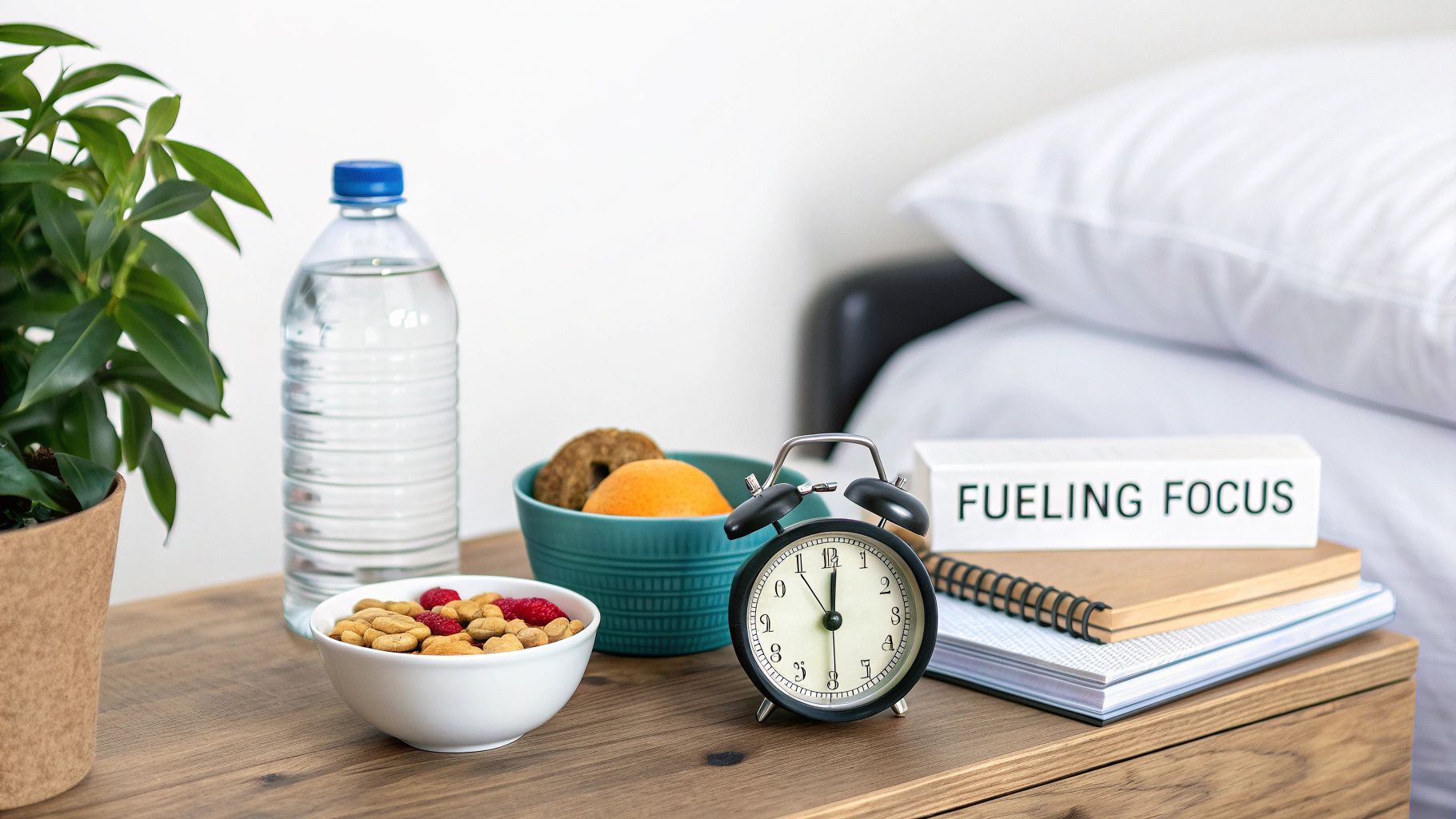 A nightstand with healthy snacks, water bottle, alarm clock, and 'FUELING FOCUS' sign.