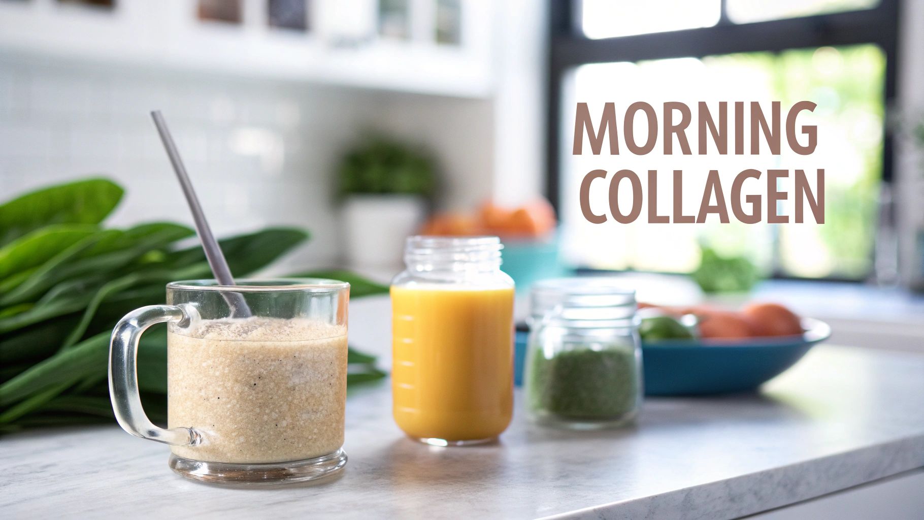 A morning collagen scene with a smoothie, orange juice, and green powder on a kitchen counter.