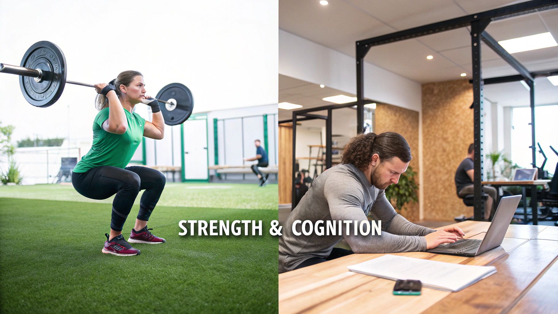 A split image showing a woman squatting with a barbell and a man working on a laptop, with text 'Strength & Cognition'.