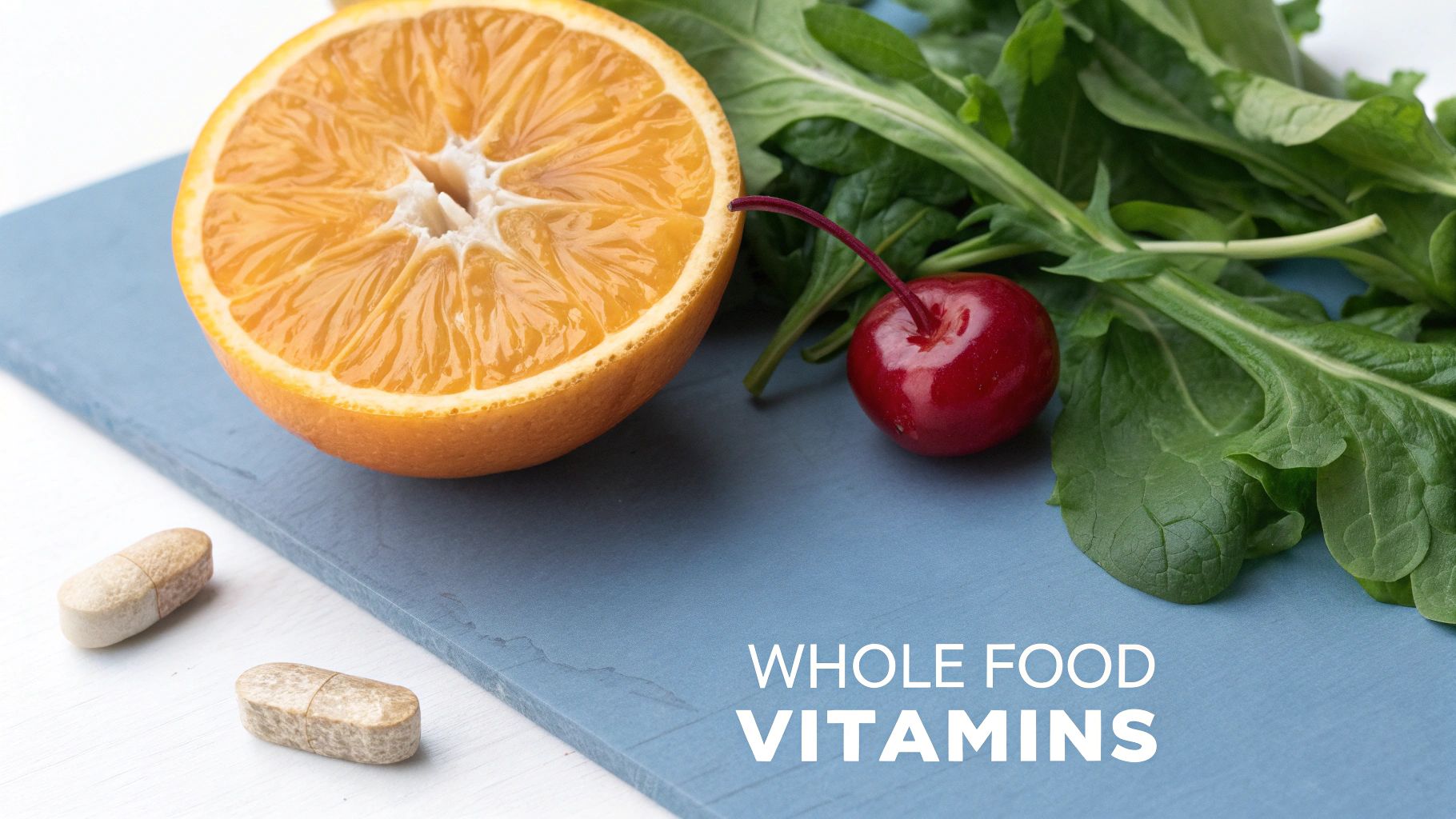 A vibrant assortment of colorful fruits and vegetables spread across a wooden table, representing the source of whole food vitamins.