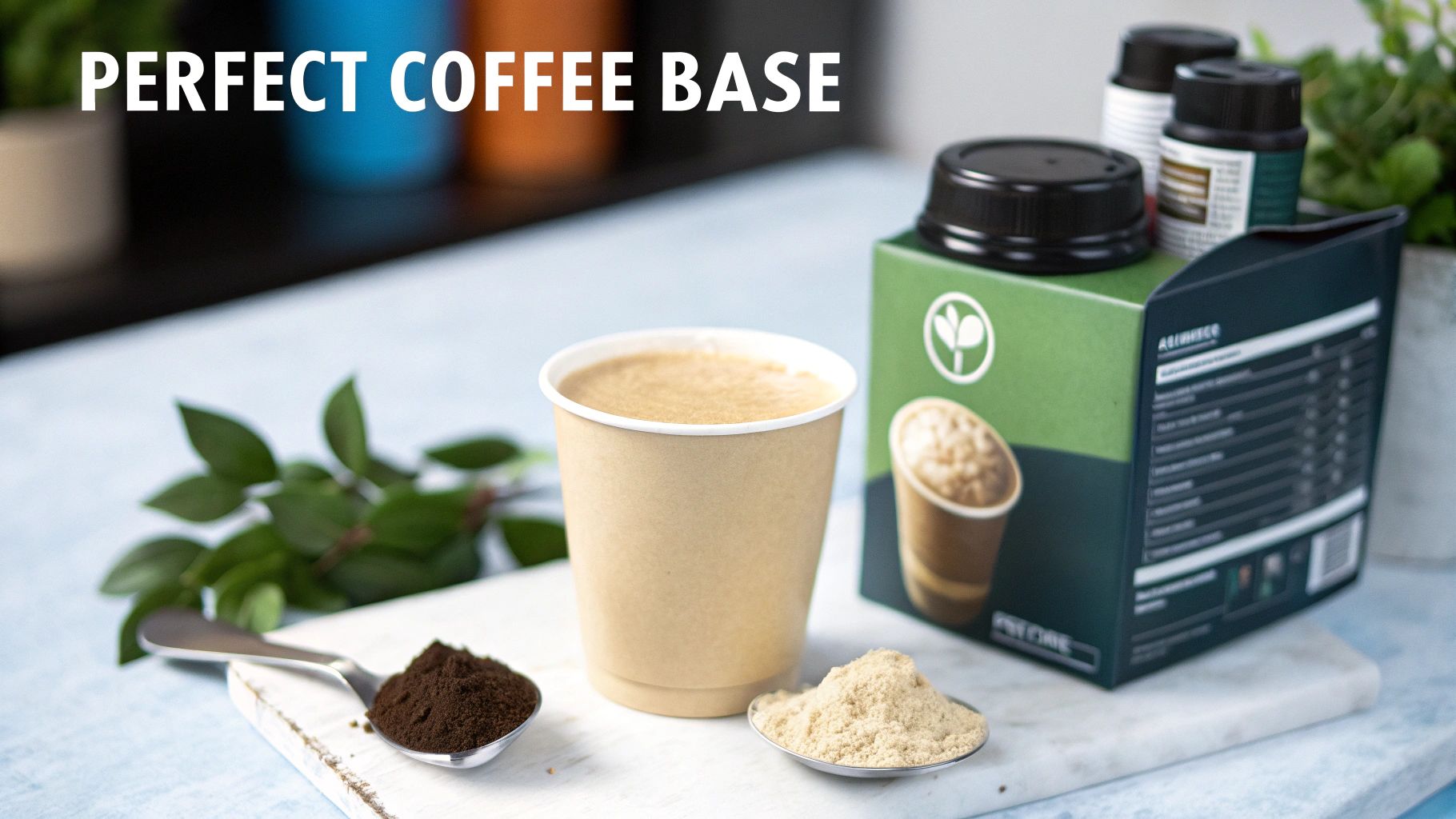 Coffee cup, ground coffee, light powder, and a green product box for a perfect coffee base.