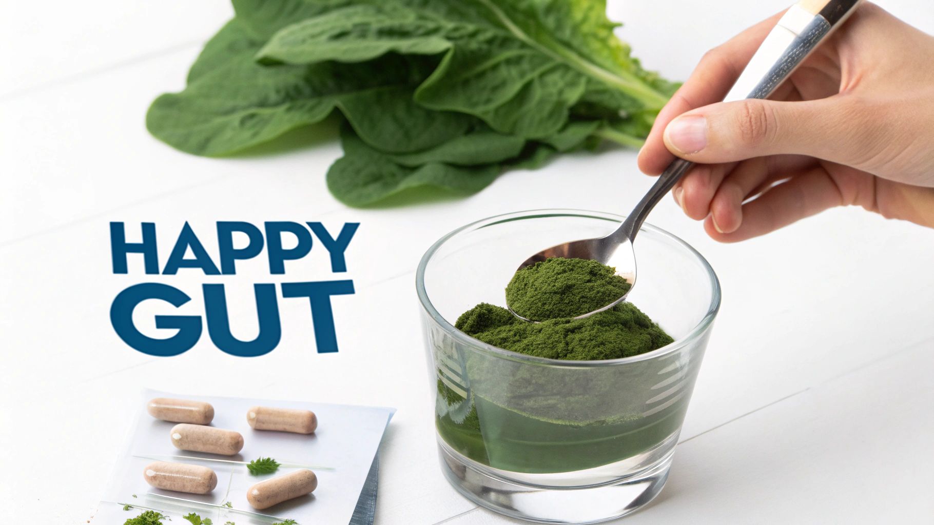 A person holding a glass of greens powder mixed with water, with a comfortable stomach.