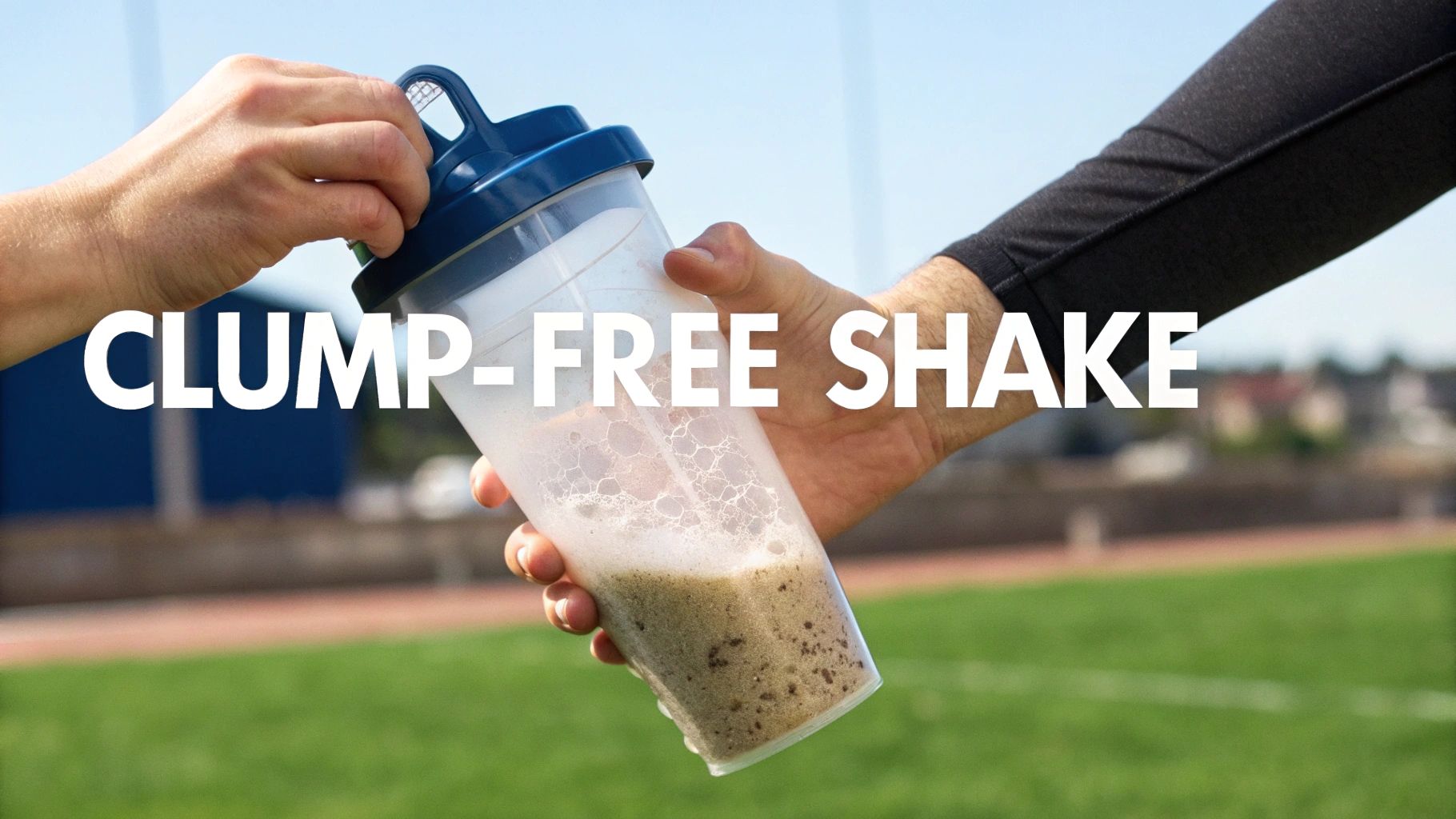A person pouring milk into a blender with protein powder and fruit.