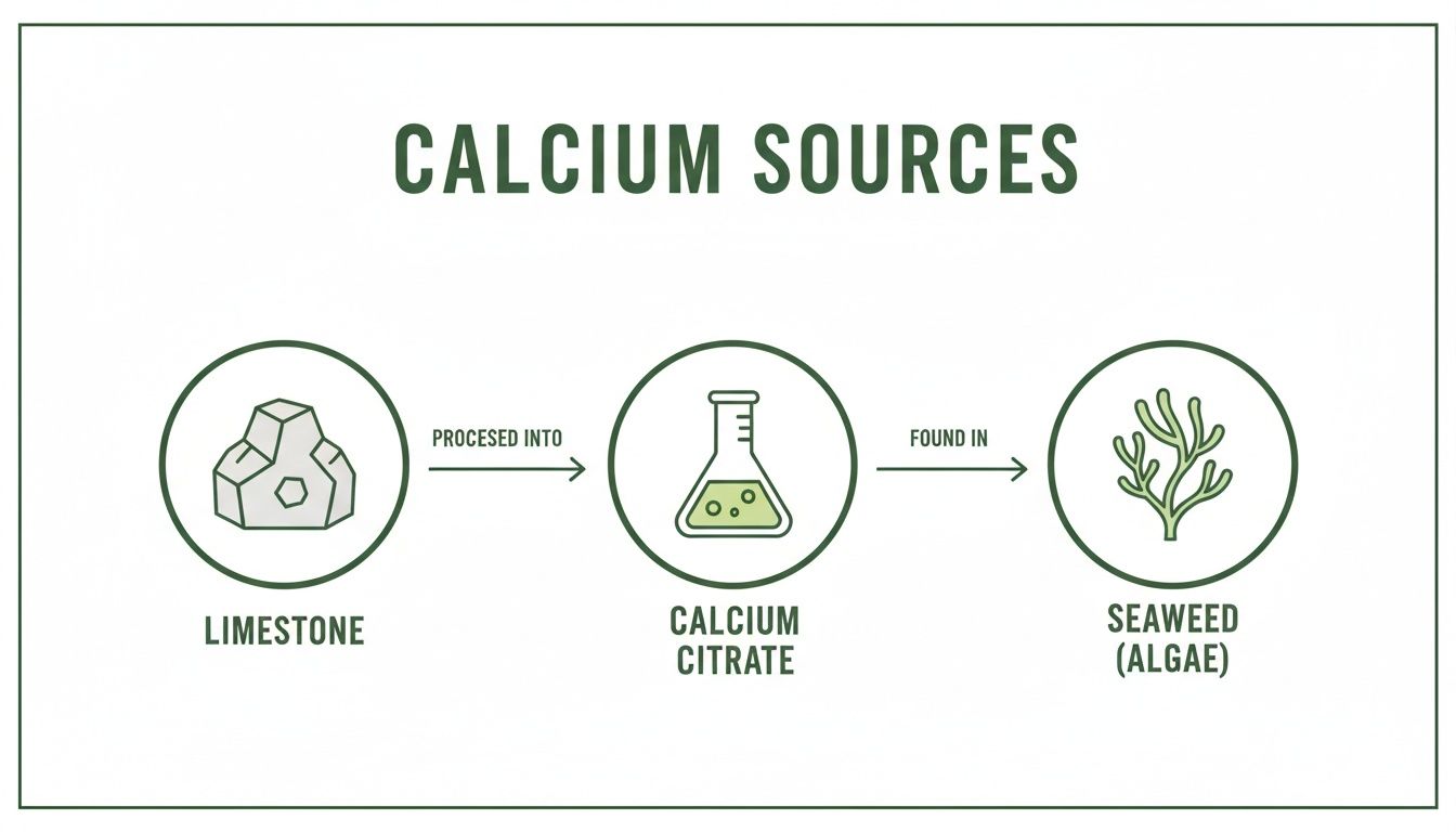Diagram illustrating various calcium sources: limestone, calcium citrate, and seaweed (algae).