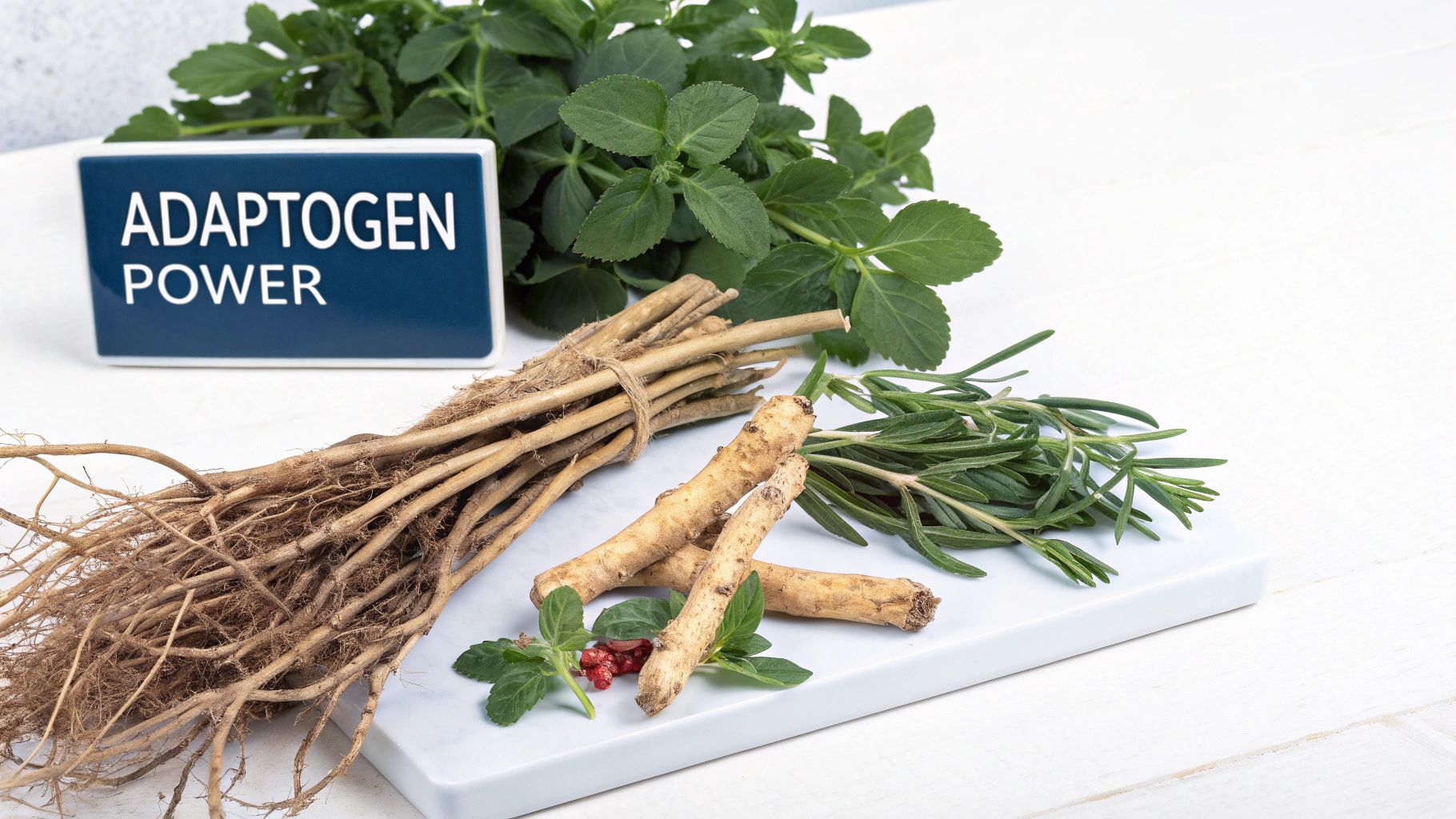 A collection of dried herbs, including Ashwagandha and Licorice Root, in small bowls.