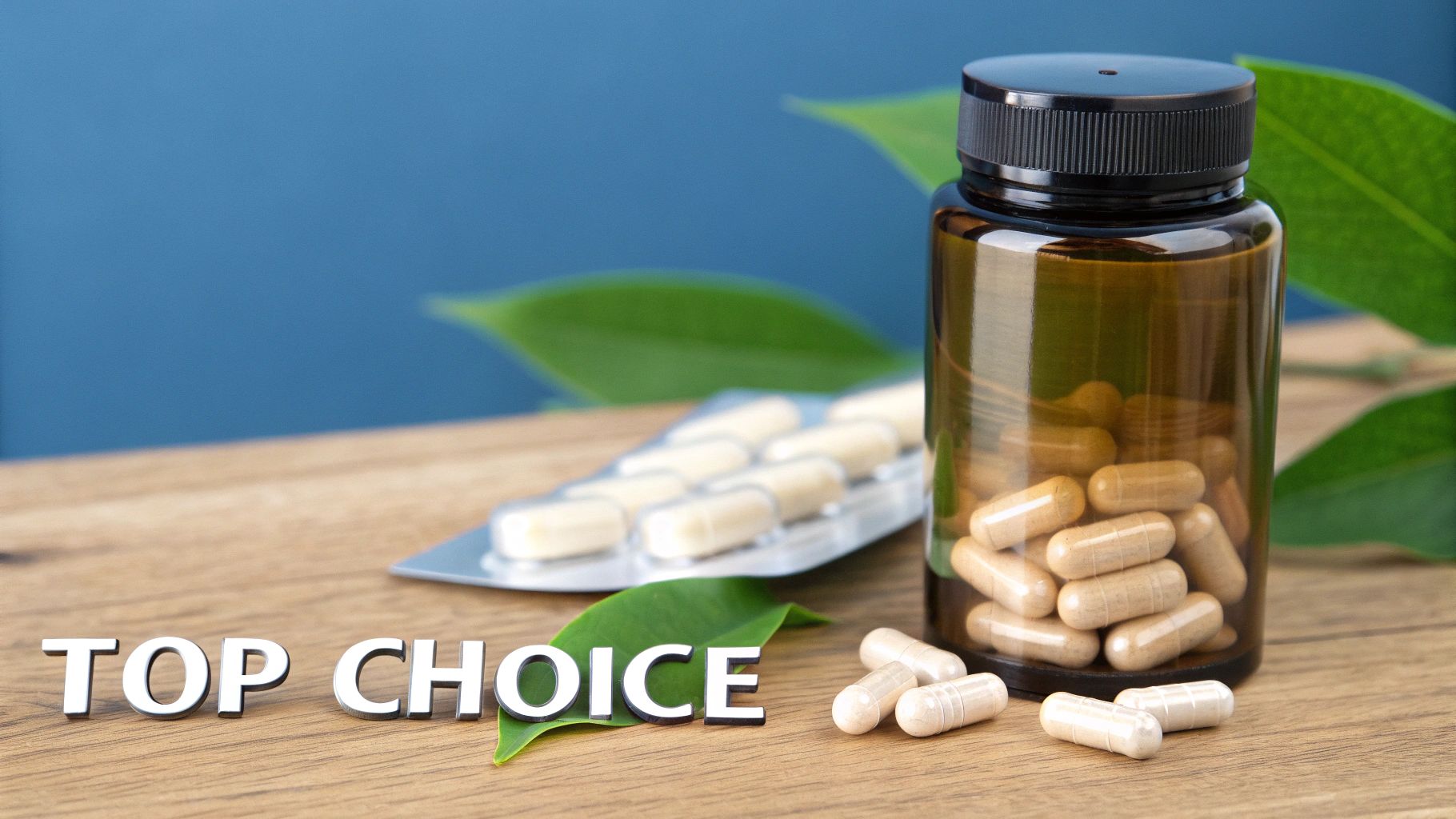 A brown bottle full of supplements, a blister pack of pills, and green leaves on a wooden surface.