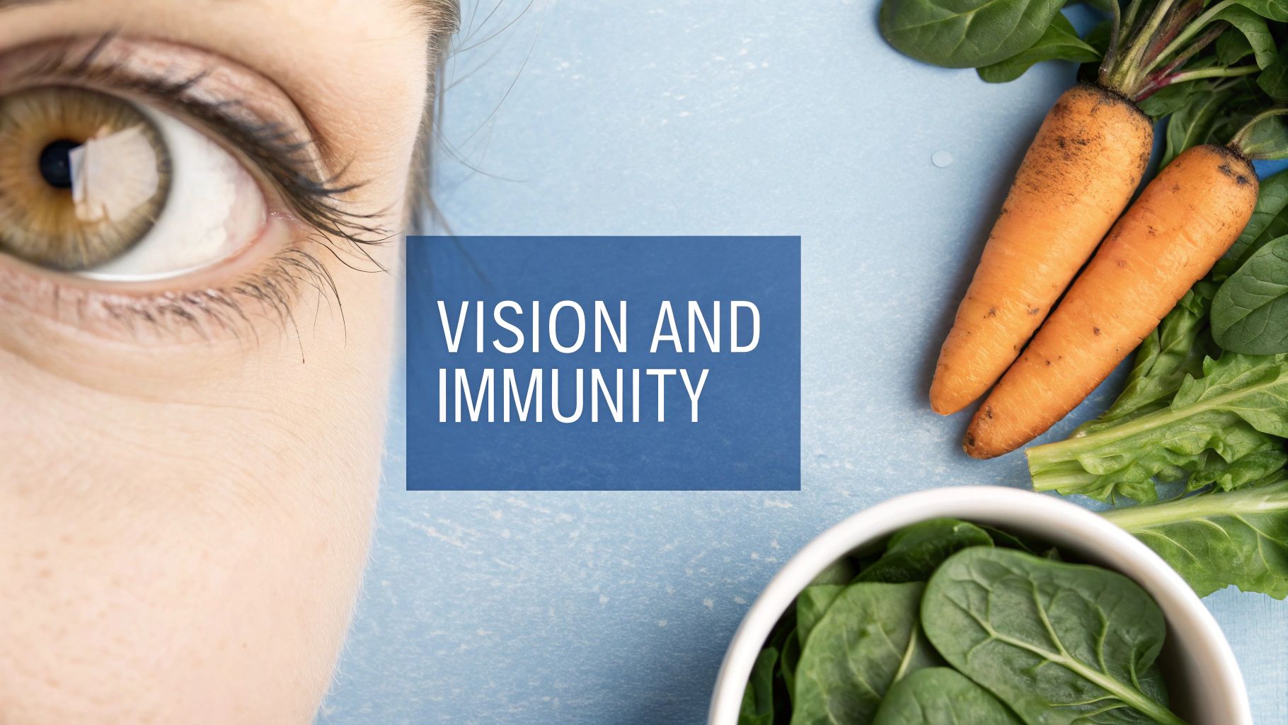 Close-up of a human eye with carrots, spinach, and text 'Vision and Immunity' on a blue background, emphasizing eye health.