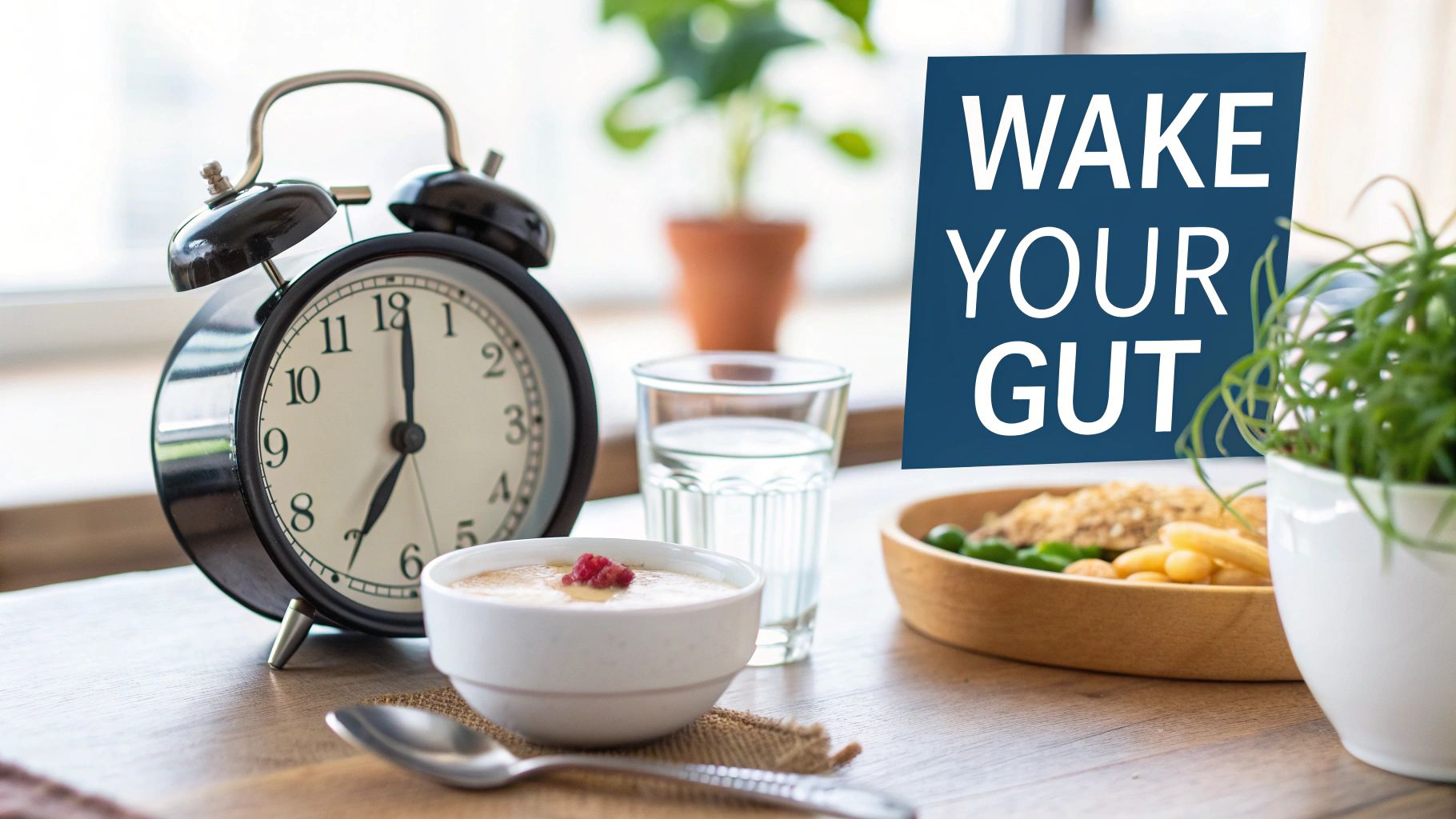 A morning breakfast scene with an alarm clock, healthy food, and a banner reading 'WAKE YOUR GUT'.