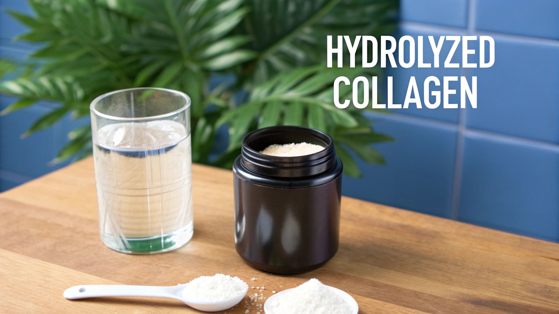 A scoop of hydrolyzed collagen powder next to a glass of water
