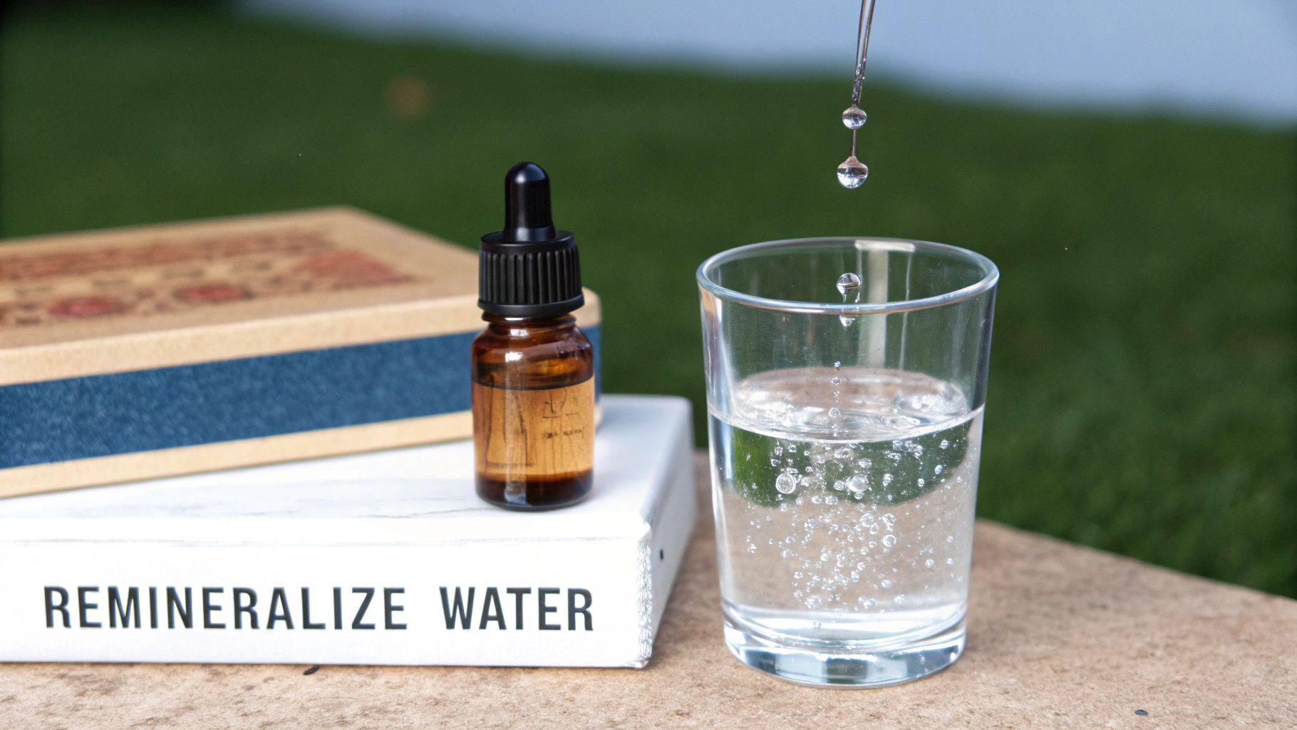 Drops of liquid falling into a glass of water next to a mineral supplement bottle and a book.