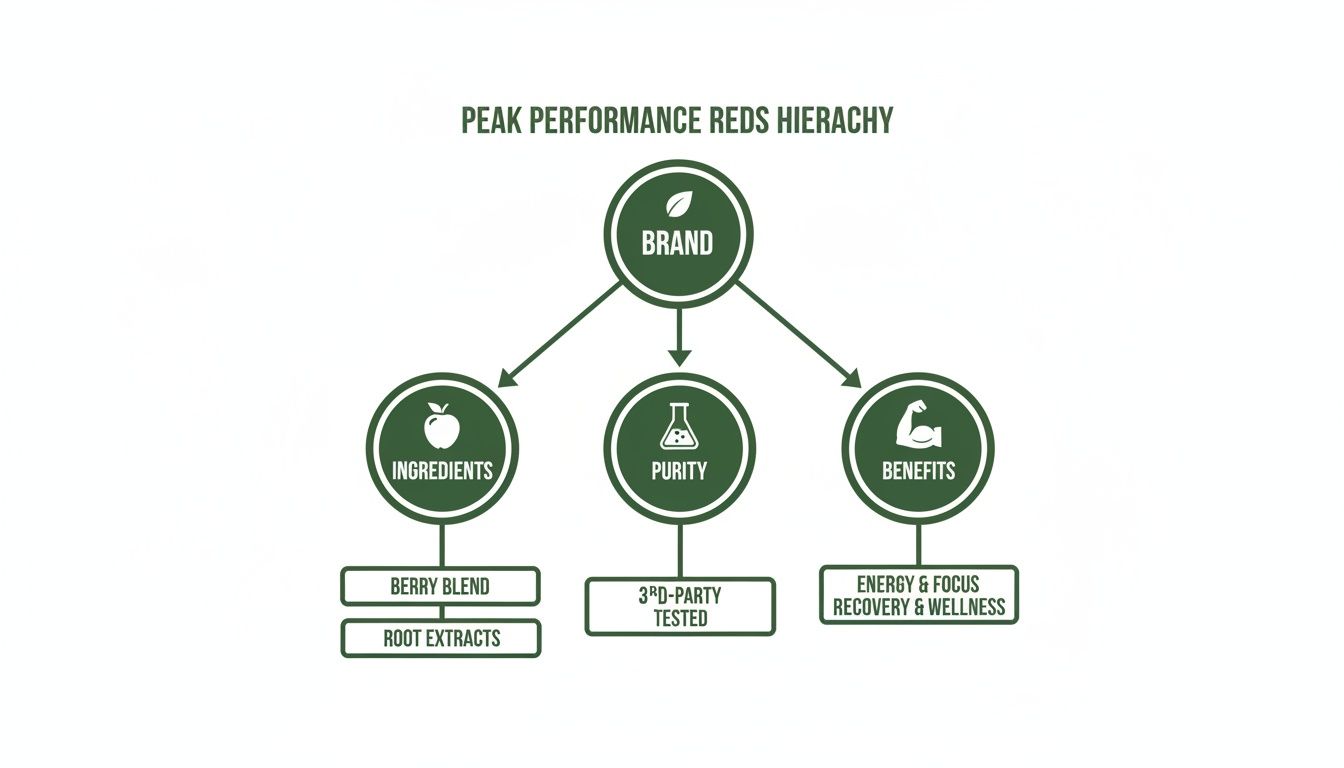 Visual hierarchy illustrating Peak Performance Reds product details: ingredients, purity, and health benefits.