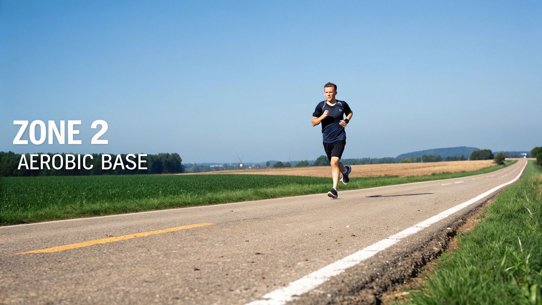 Man running on a rural road, practicing Zone 2 aerobic base training under a clear sky.