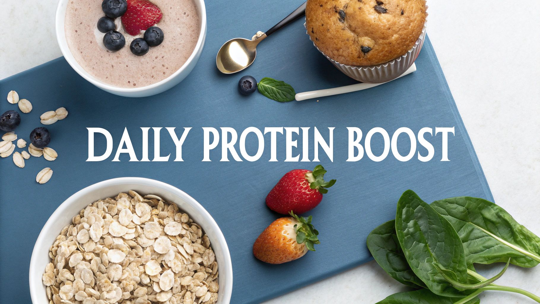 A nutritious protein boost breakfast spread featuring a berry smoothie, oats, muffin, and fresh fruit.