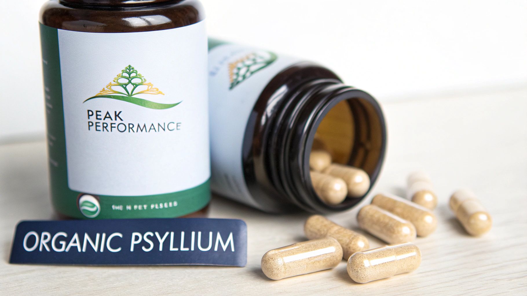 Peak Performance Organic Psyllium capsules, some spilled from a bottle, on a light surface.