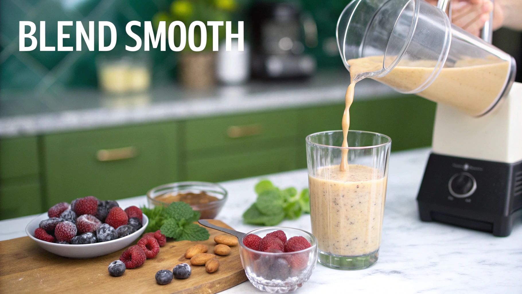 A person pouring protein powder into a blender with fruit and other ingredients