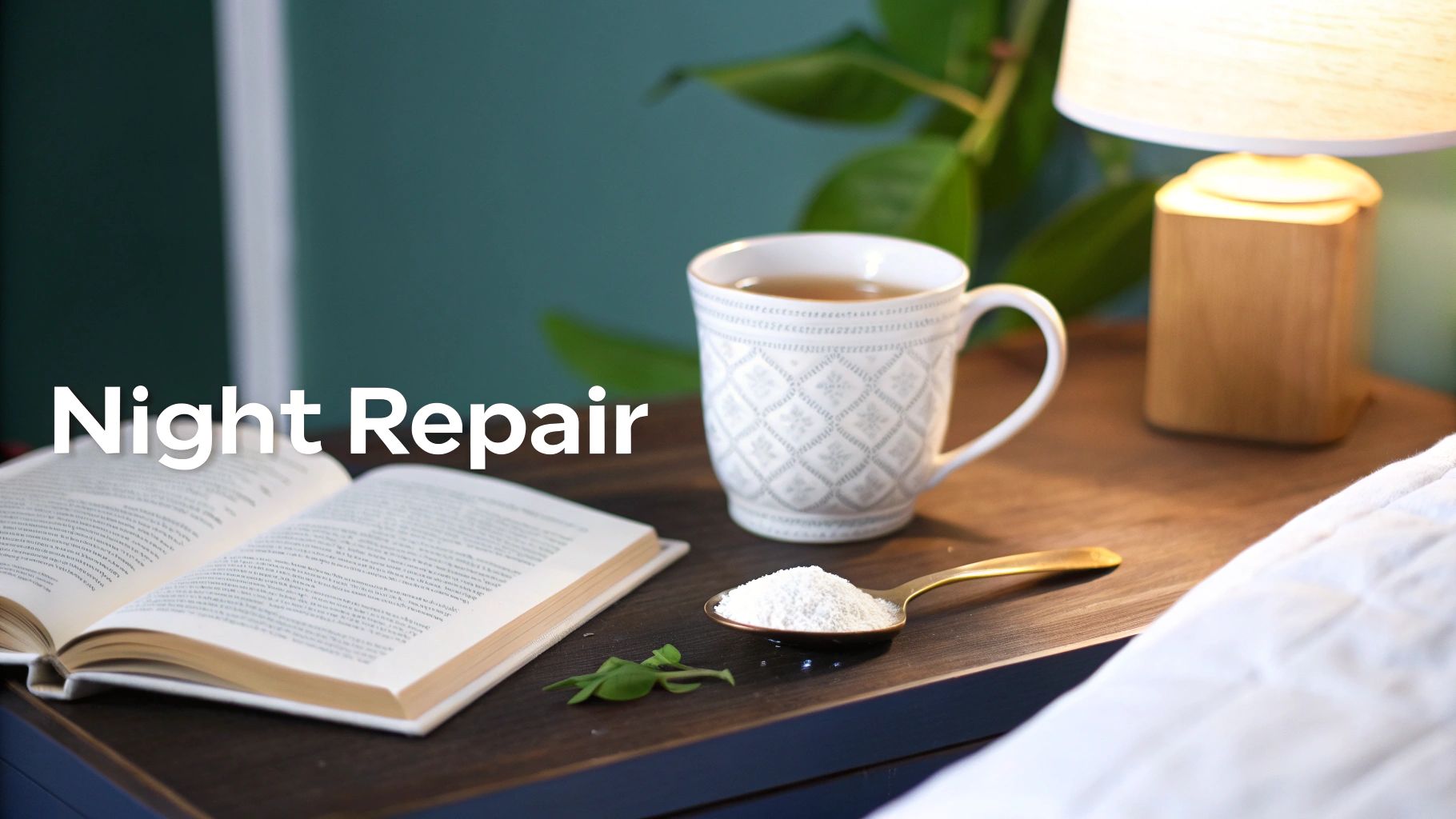 A "Night Repair" themed image showing a bedside table with an open book, a cup of tea, and a spoon of white powder.