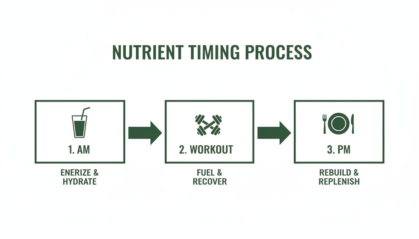 Infographic illustrating the nutrient timing process with steps for morning, workout, and evening nutrition.