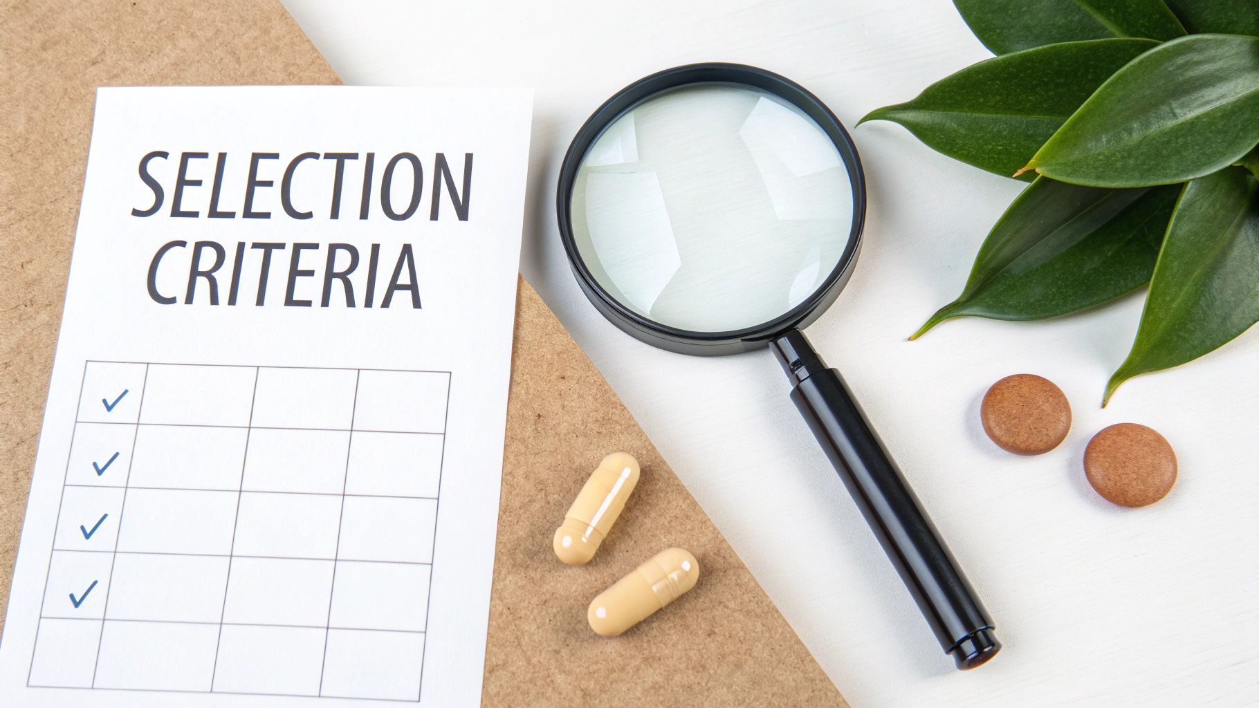 A white paper with 'Selection Criteria' and a checklist, a magnifying glass, two capsules, and leaves.