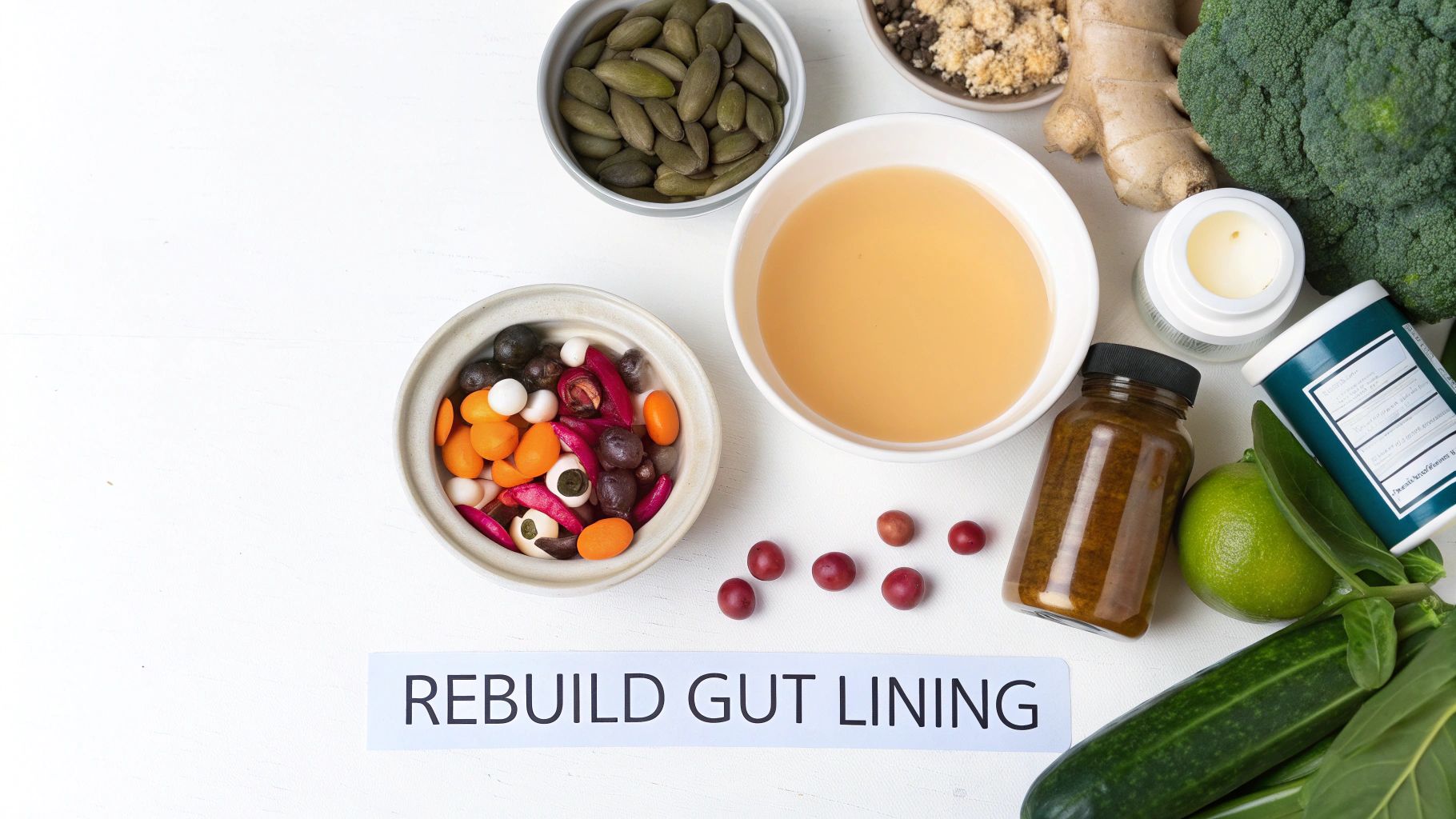 Overhead shot of various foods and supplements on a white surface, promoting gut lining repair.