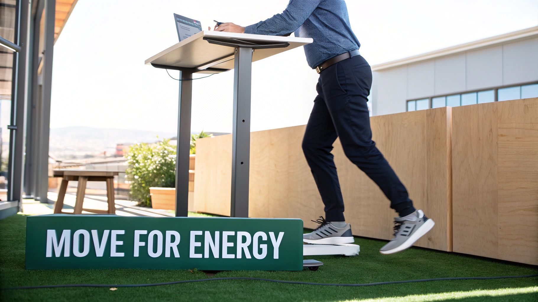 A man in business casual clothes works on a laptop at a standing desk with a treadmill, next to a "MOVE FOR ENERGY" sign.
