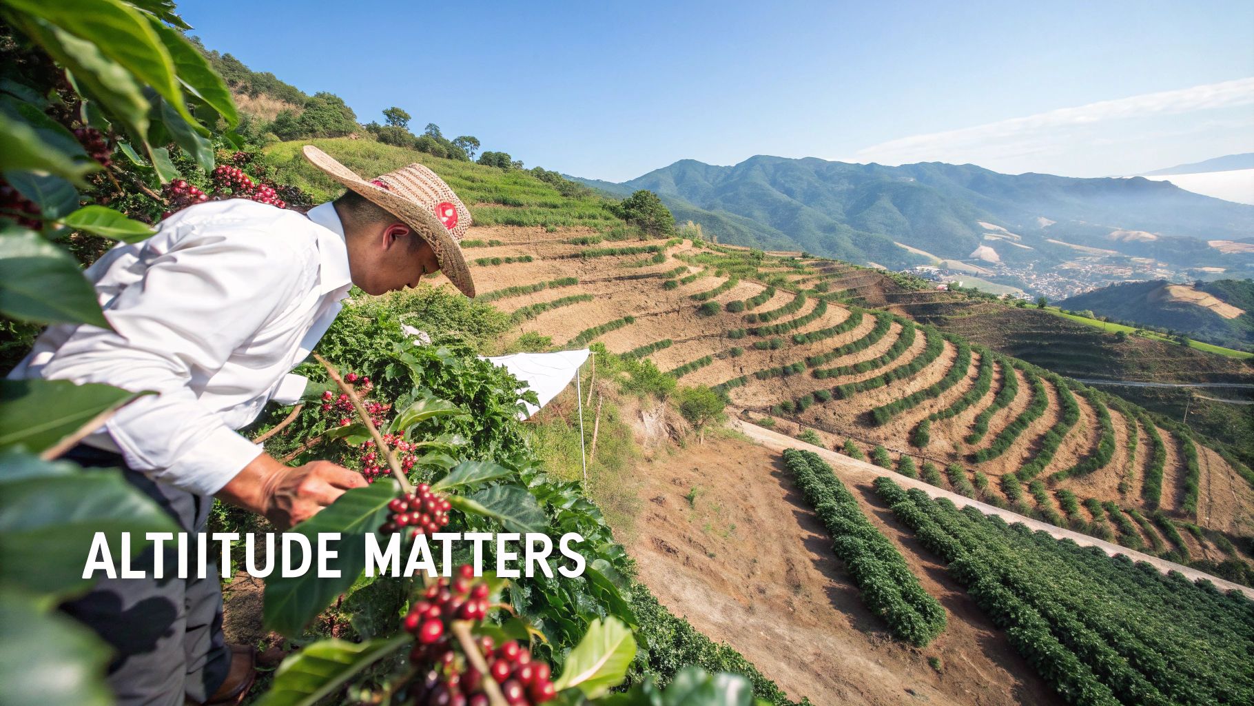 A farmer inspects ripe red coffee cherries on terraced mountain fields under a clear blue sky.