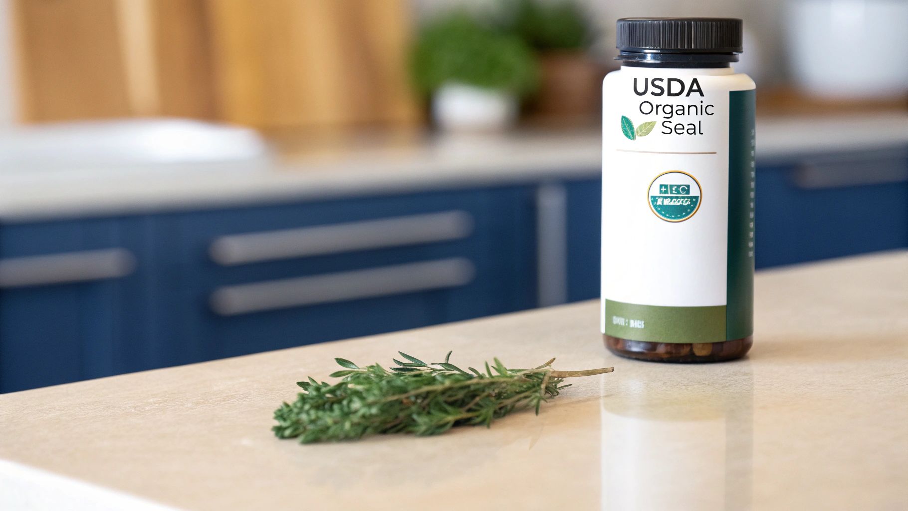 A green USDA Organic seal on a supplement bottle, symbolizing purity and quality.