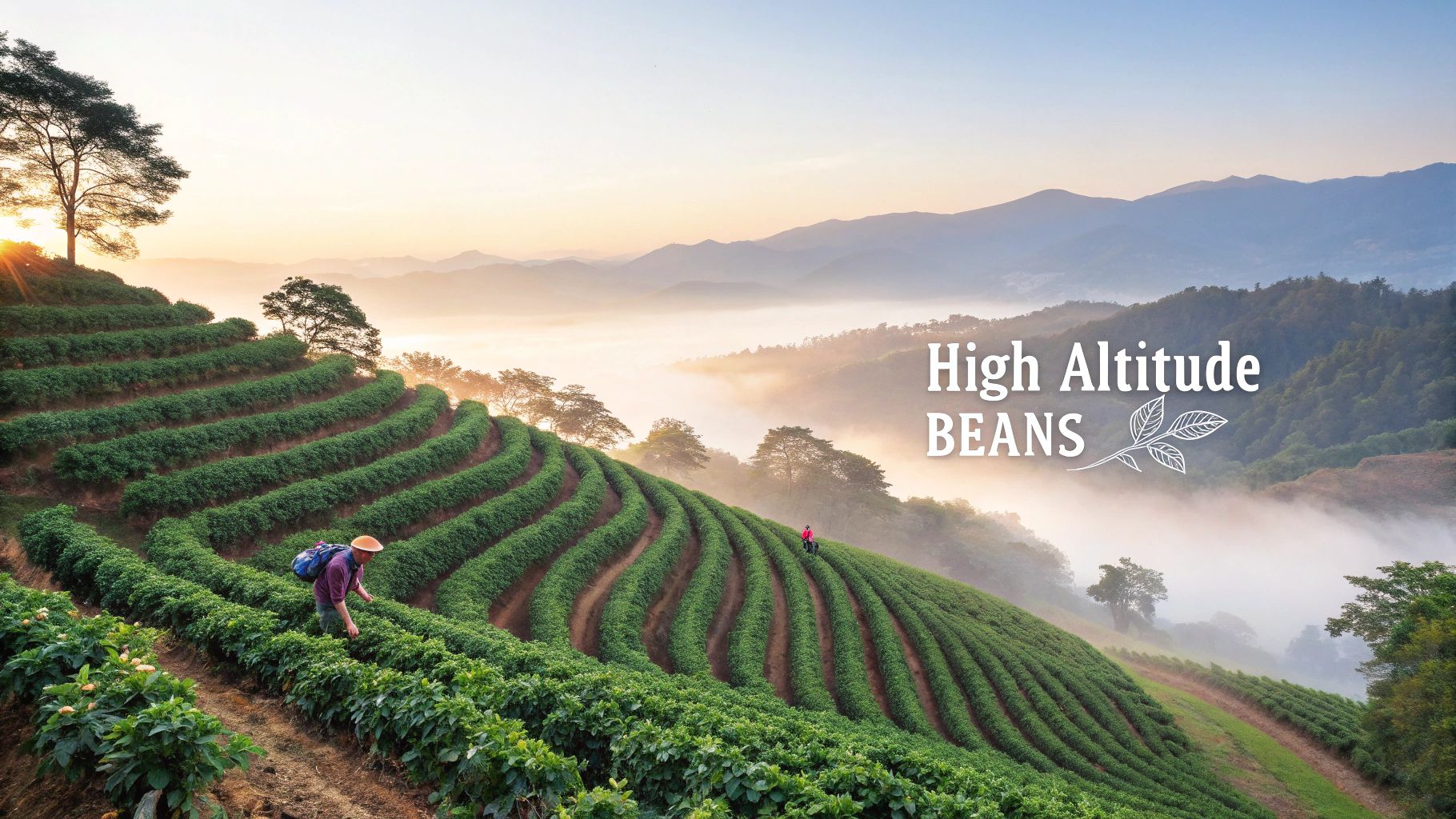 Sunrise over a high-altitude coffee plantation with workers harvesting on terraced fields amidst misty mountains.