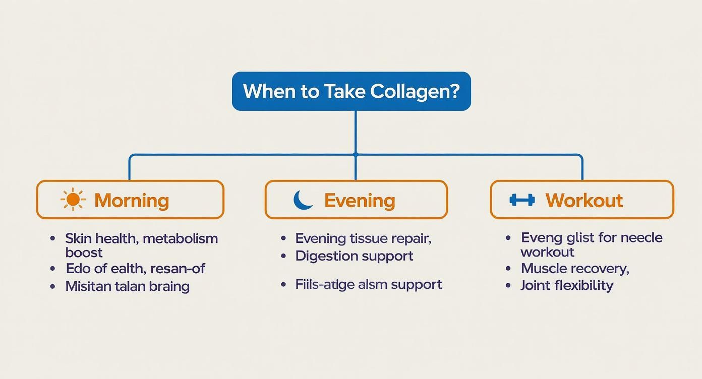 Diagram showing optimal times to take collagen, listing benefits for morning, evening, and workouts.