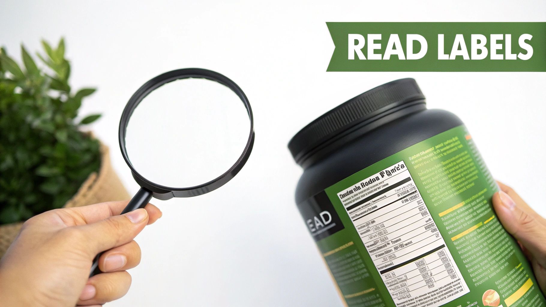 A person uses a magnifying glass to read the nutrition label on a protein powder container, with a 'READ LABELS' banner.