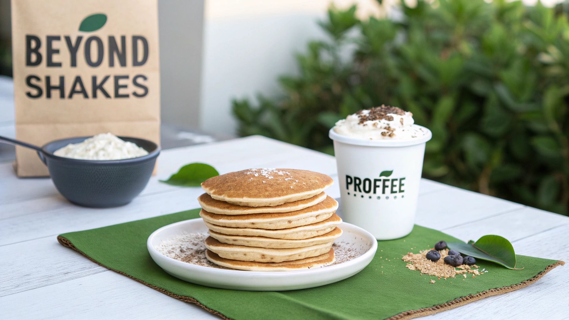 A stack of pancakes, a protein shake, and a protein powder bag on a table outdoors.