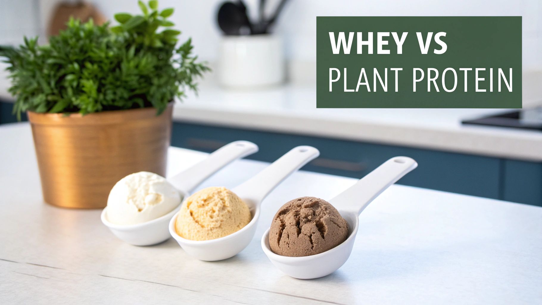 Three measuring spoons containing different protein powder varieties comparing whey versus plant based proteins