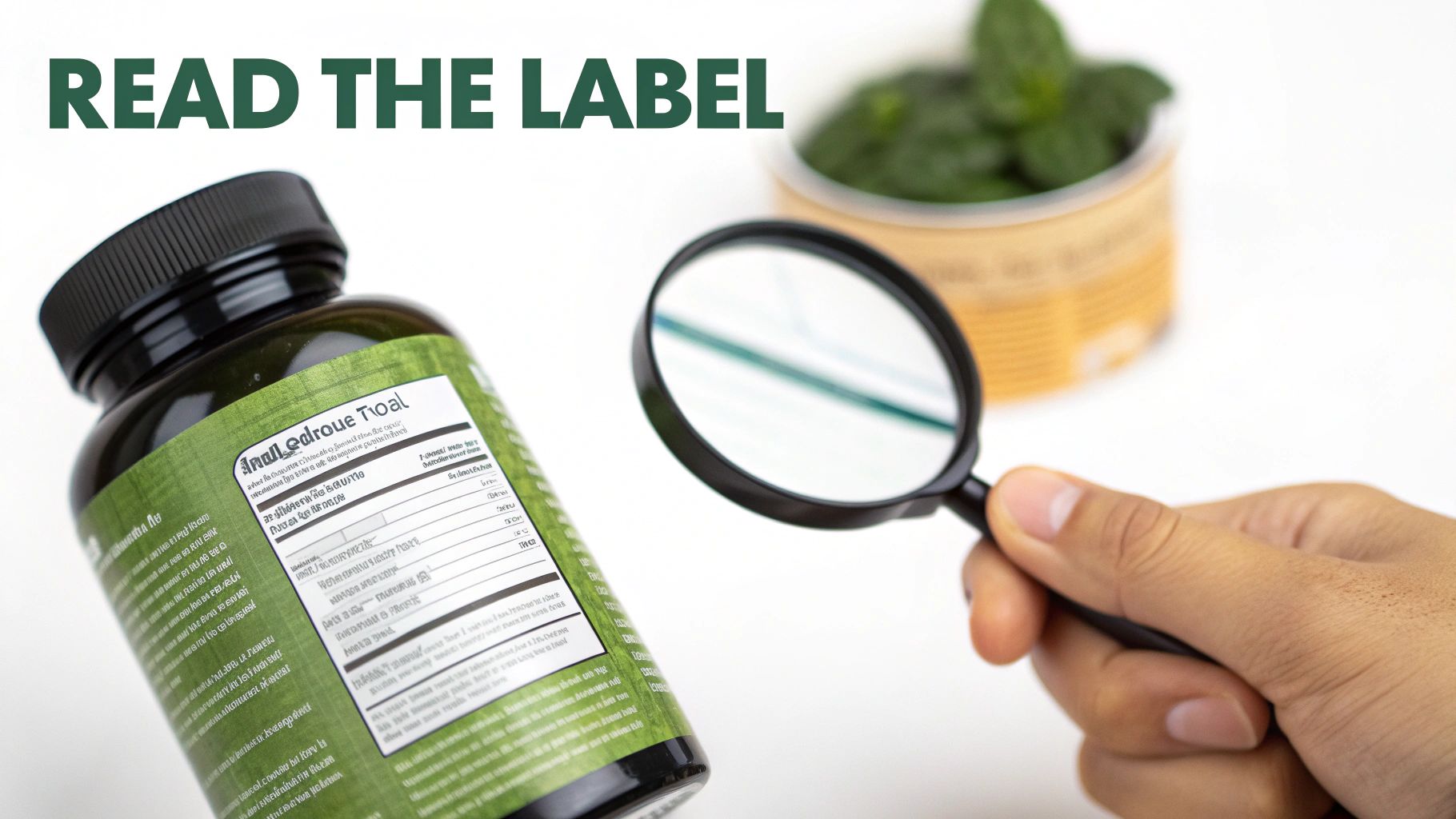 A person closely examining the nutrition facts and ingredient list on the back of a greens powder container.