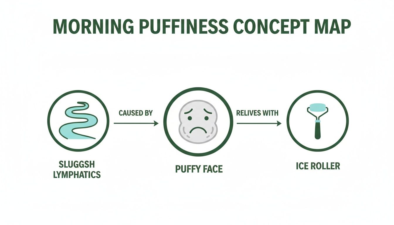 Concept map illustrating morning puffiness: sluggish lymphatics cause puffy face, which is relieved by an ice roller.