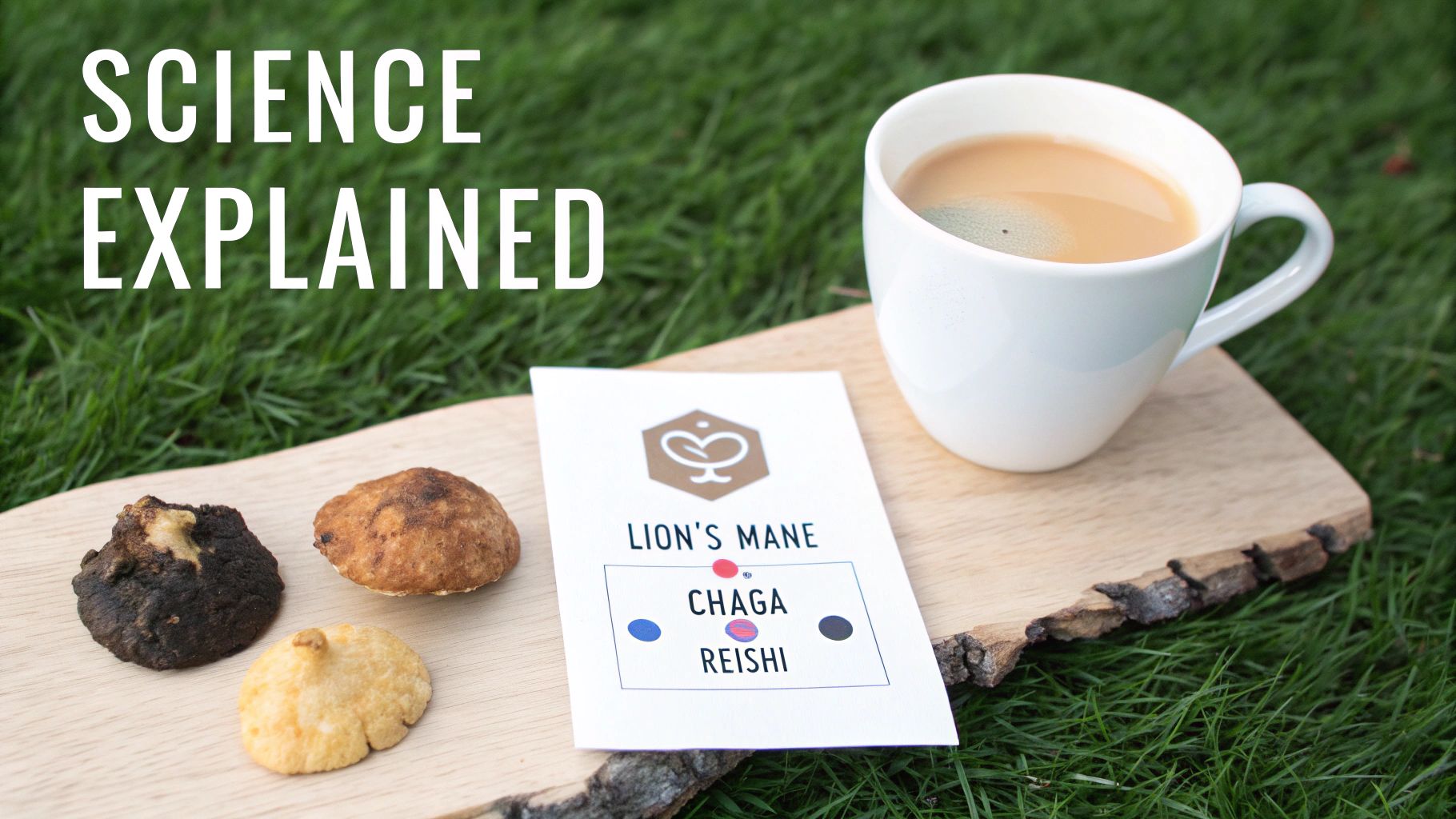 A science explained image showing a cup of coffee, three mushroom samples, and a descriptive card on a wooden board.