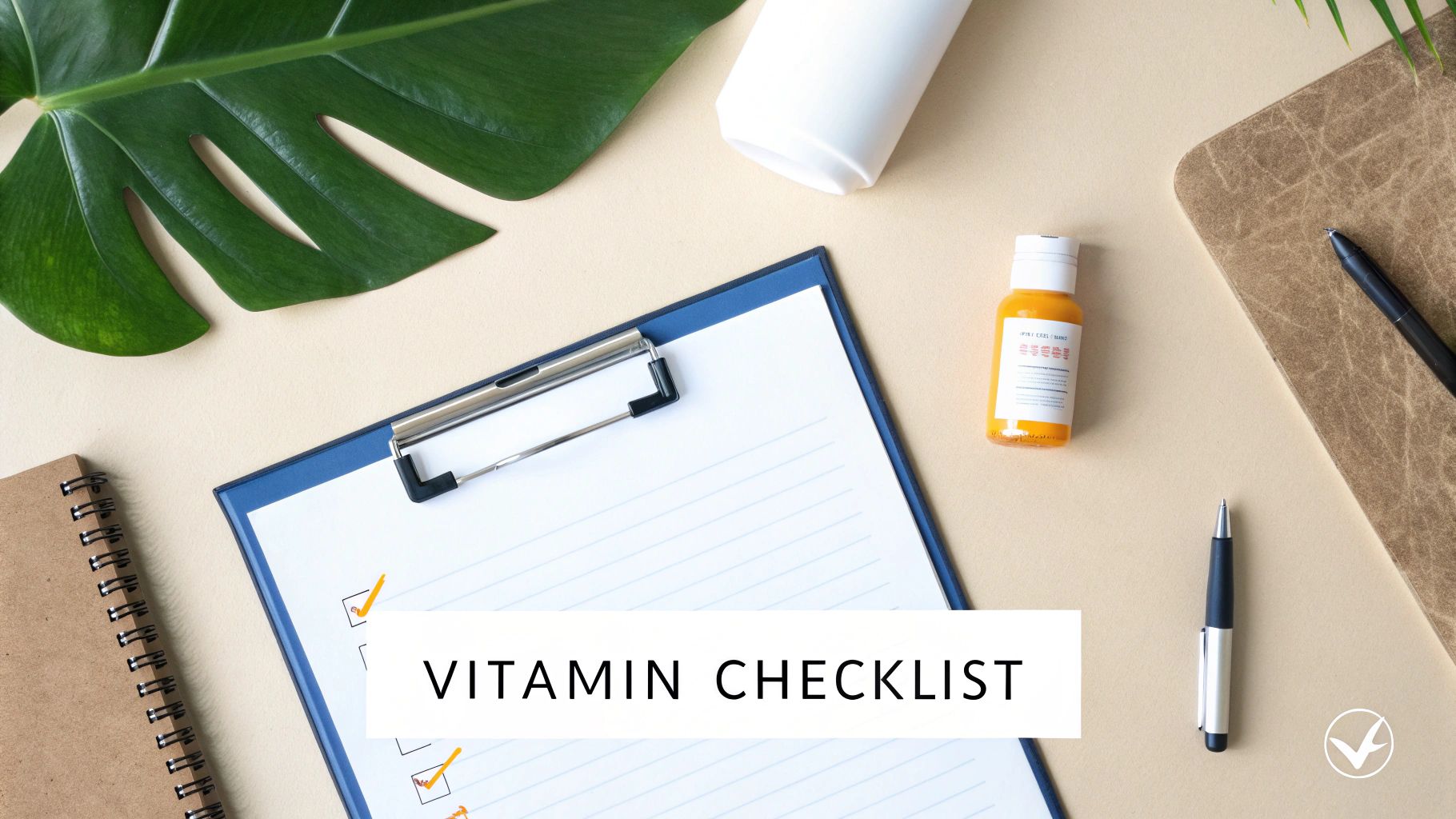 Overhead view of a 'Vitamin Checklist' on a clipboard with vitamin bottles, a green leaf, and pens.