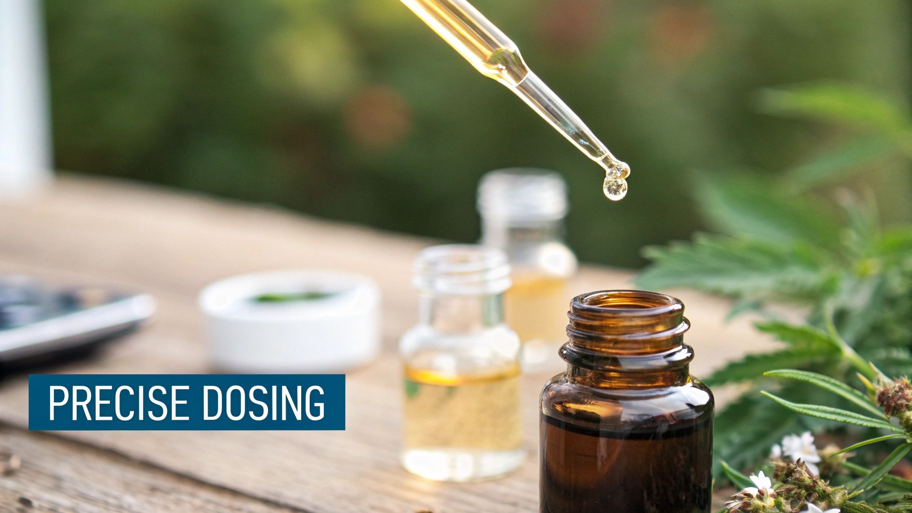 A dropper precisely dispensing an amber liquid into a small brown bottle, with other bottles and plants.