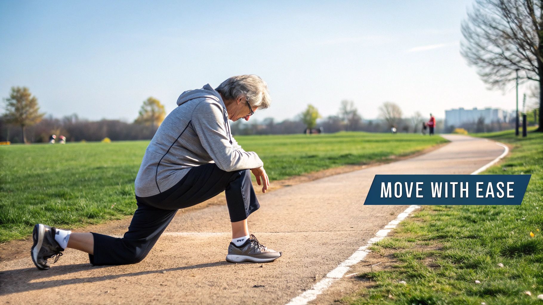 A person holding a glass of water with collagen powder, with a backdrop of healthy food items.