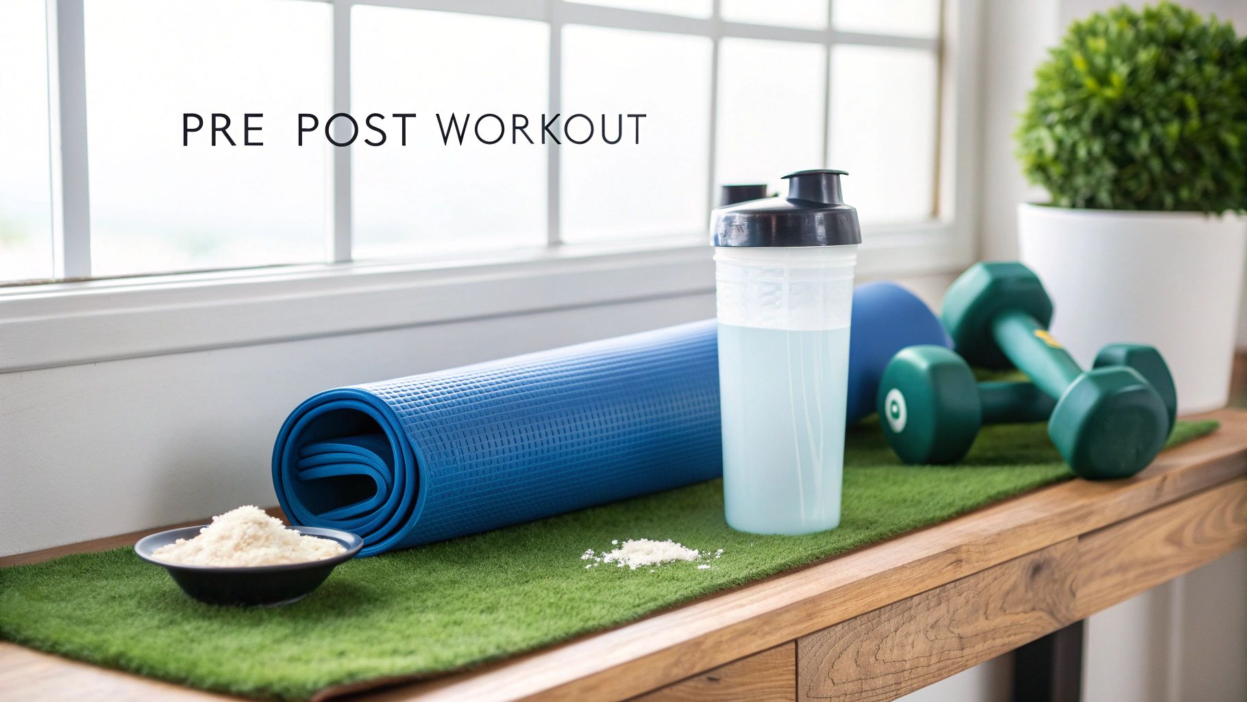A pre and post-workout setup with a blue yoga mat, protein shaker, dumbbells, and powder.