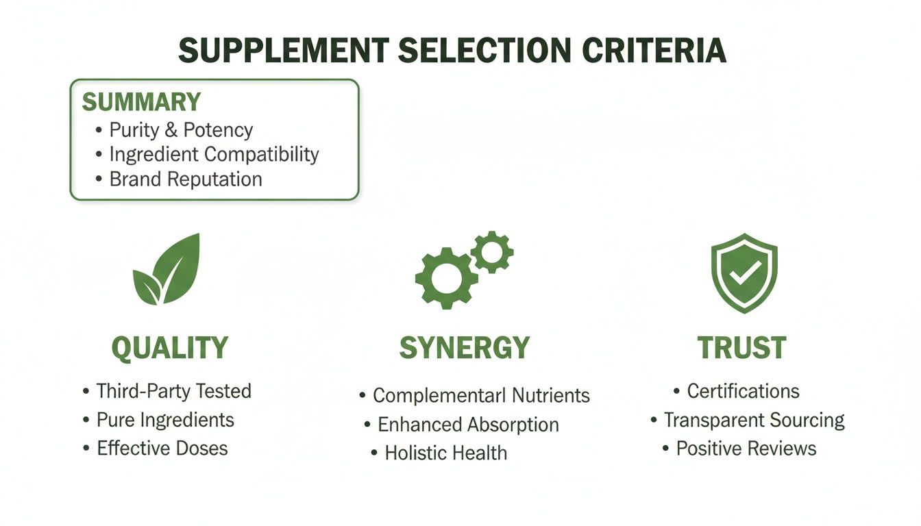 Infographic on supplement selection criteria covering purity, quality, synergy, and brand trust for health.
