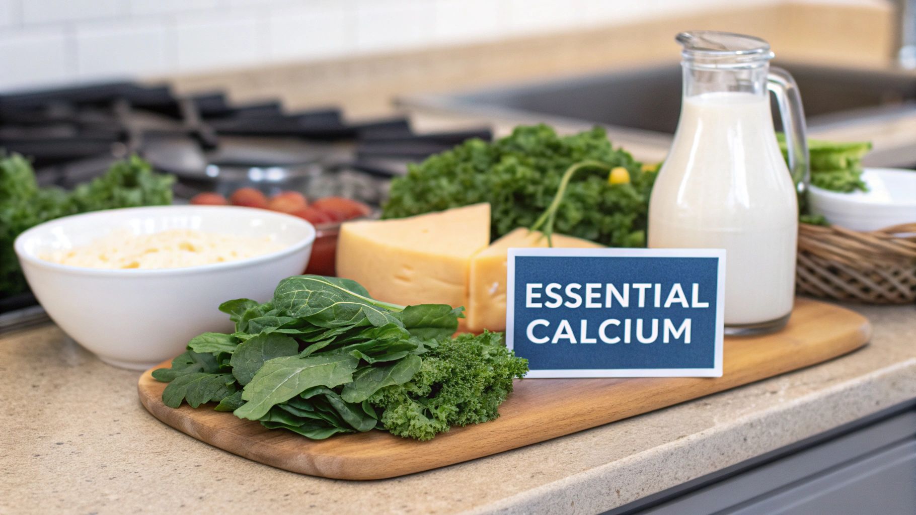 Glass of milk and cheese on a wooden table, representing sources of calcium