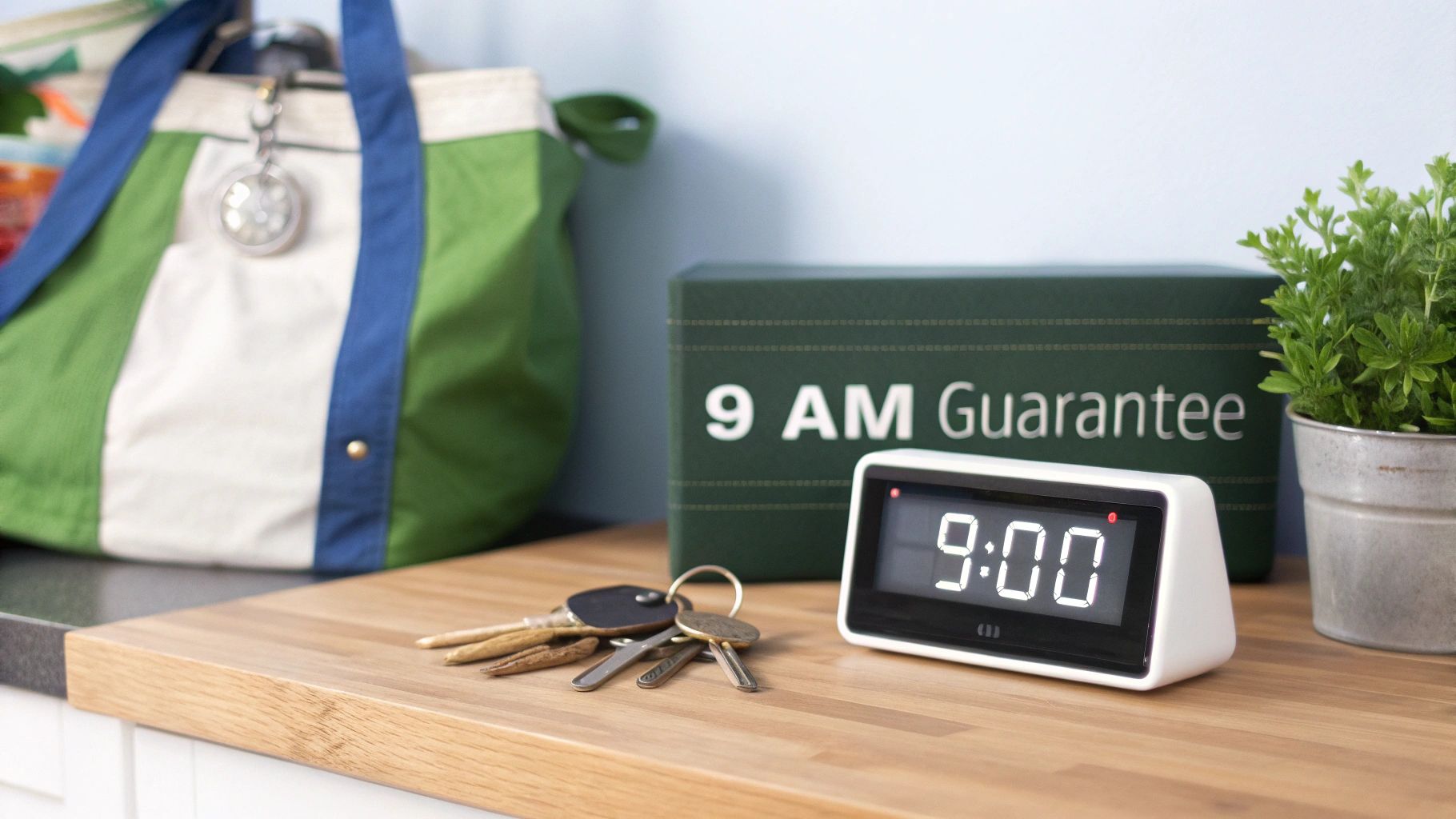 Digital clock displaying 9:00, keys, a green bag, and a plant on a wooden counter.