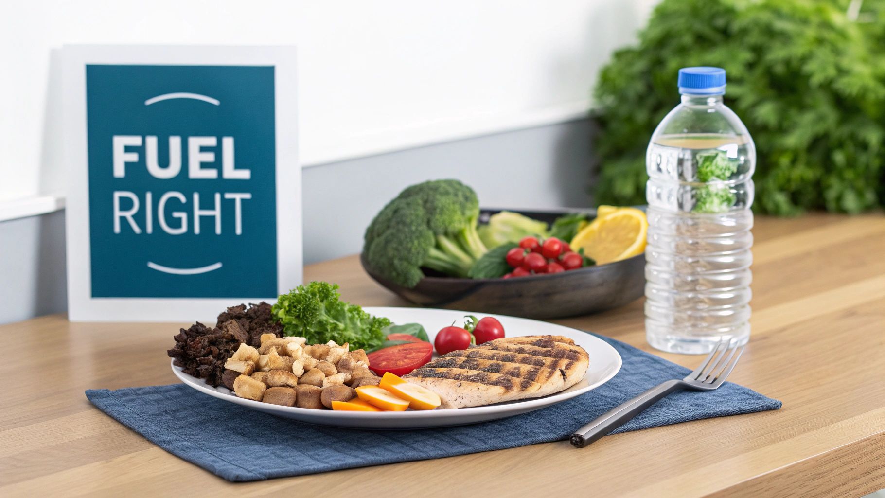 A plate with grilled chicken, fresh vegetables, nuts, and a water bottle on a wooden table.
